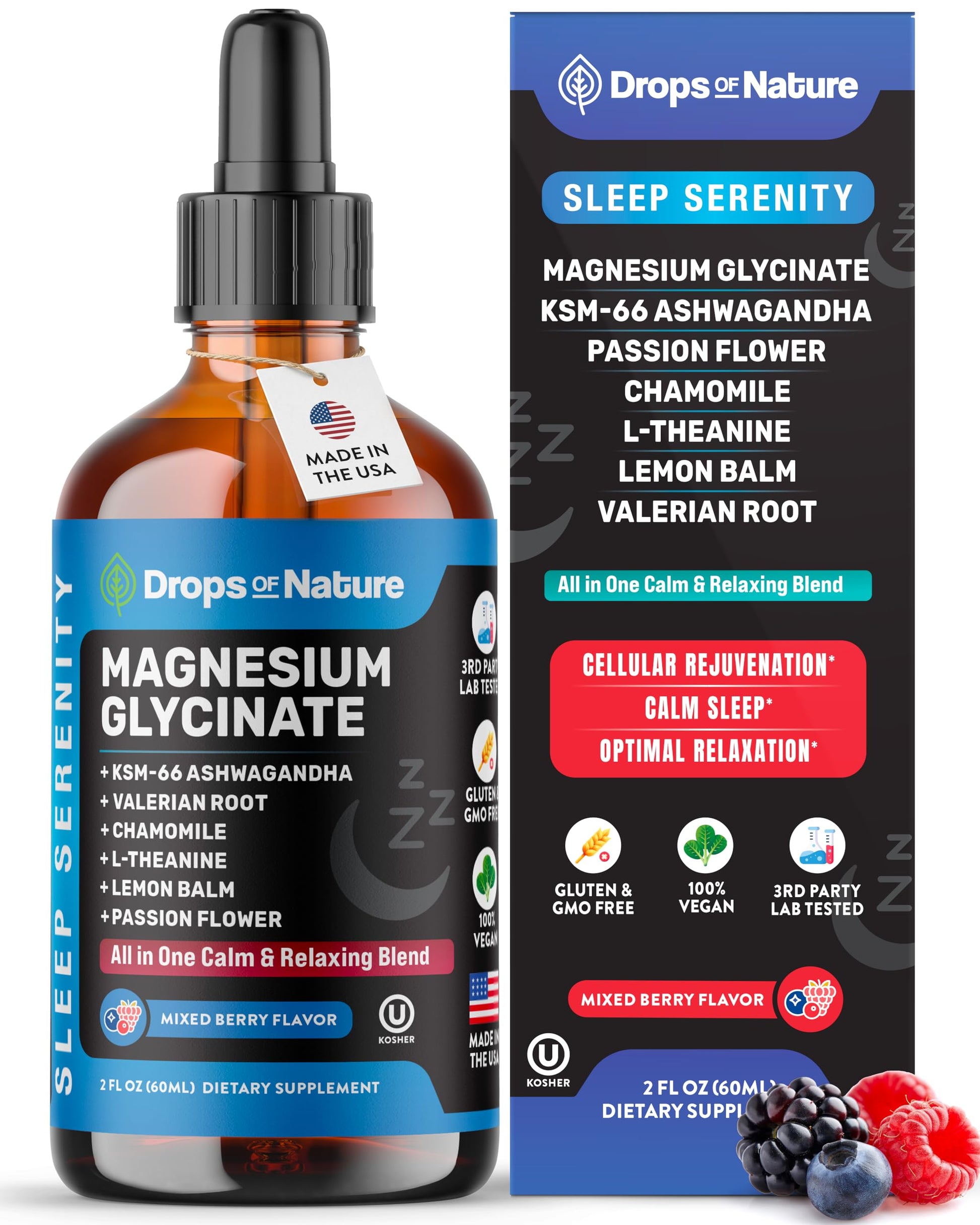 Magnesium Glycinate & Ashwagandha Liquid Drops with Valerian Root, Chamomile, Passion Flower, Lemon Balm & L-Theanine - Vegan Fast Absorption - Supplement for Wellness & Relaxation (Mixed Berry, 60mL) Drops Of Nature buy supplements canada