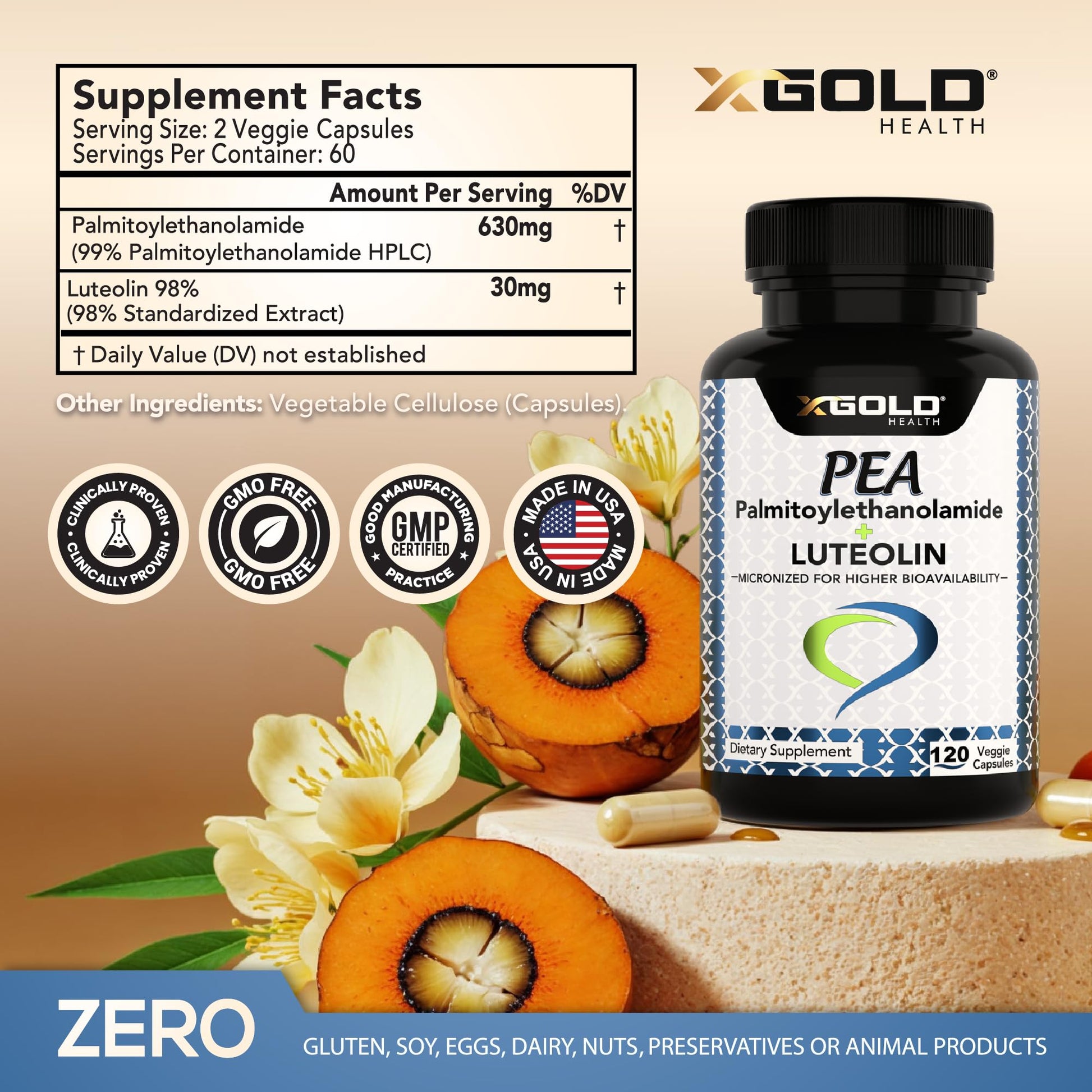 Palmitoylethanolamide 630 mg + Luteolin Standardized 98%- Micronized Pea 99% Highly Purified and Bioavailable - Made in USA - Supplement for Men and Women - 120 Veggie Capsules X Gold Health buy supplements canada