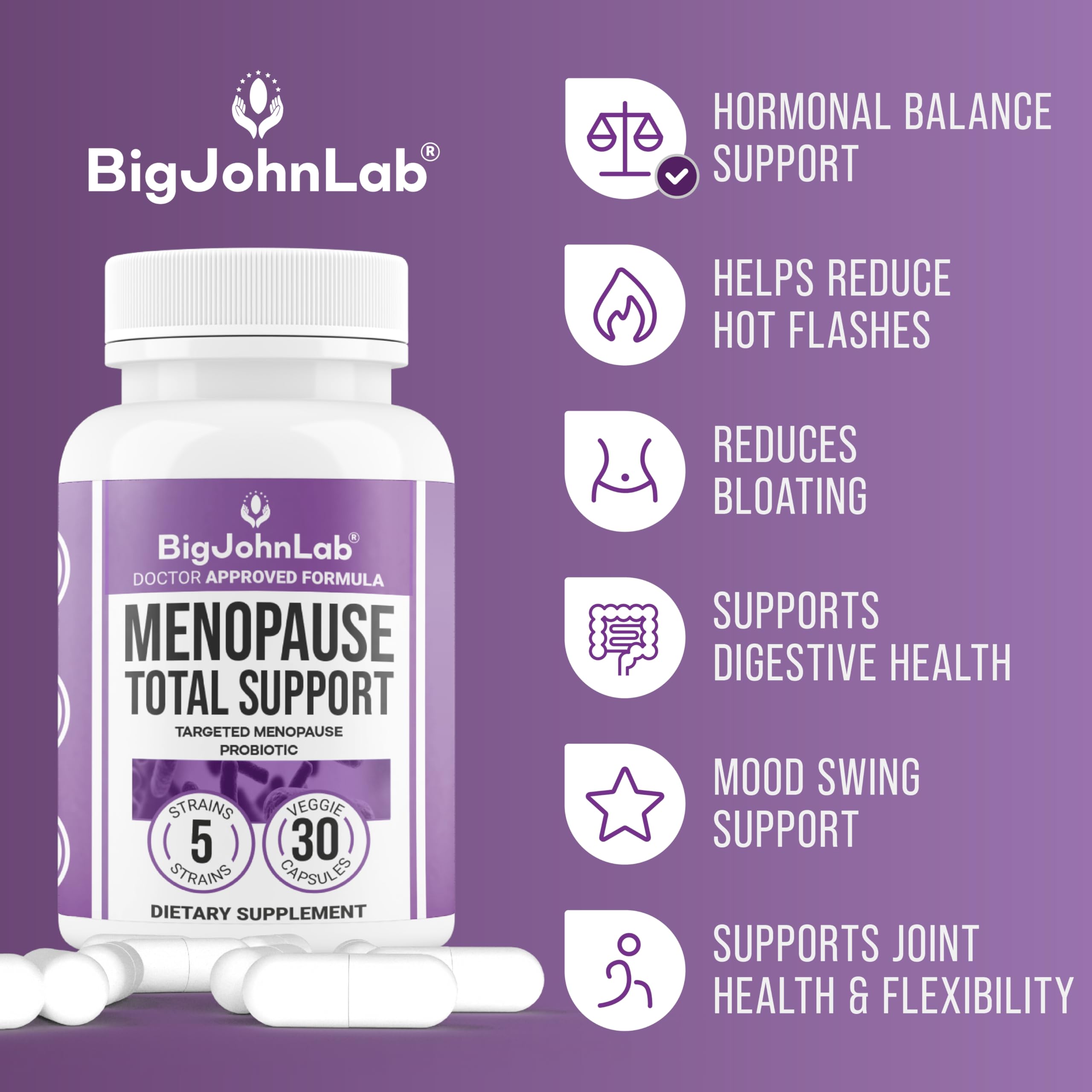 BIGJOHNLAB® - Menopause Total Support – Advanced Probiotic Formula with 5 Strains & 15 Billion CFU, Resveratrol, Black Cohosh, Acacia Fiber, Non-GMO & 100% Vegetarian BIGJOHNLAB buy supplements canada
