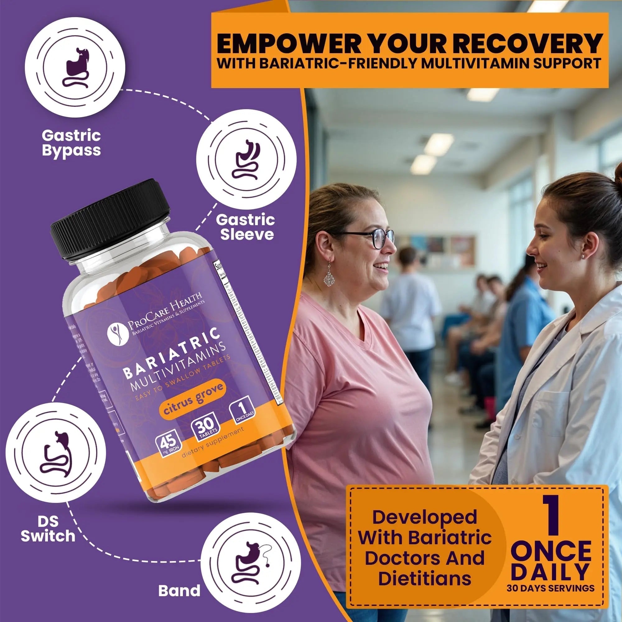 Procare Health Bariatric Multivitamin with Iron 45mg Easy to Swallow 30 Tablets - Post Op Bariatric Vitamins for Gastric Bypass Pills ProCare Health buy supplements canada