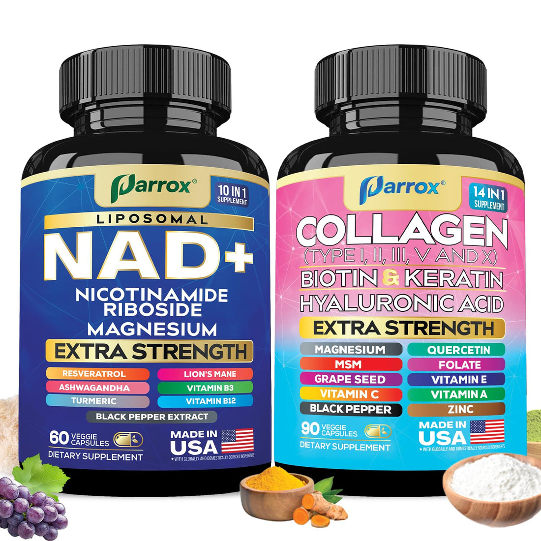 Parrox Forever Young Set with Liposomal NAD, Nicotinamide Riboside, Magnesium, Resveratrol, Lion's Mane, Collagen Peptides Types I, II, III, V and X, Biotin & Keratin, Hyaluronic Acid, Zinc, Quercetin Parrox buy supplements canada