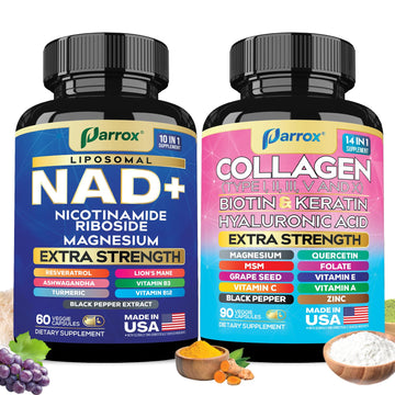 Parrox Forever Young Set with Liposomal NAD, Nicotinamide Riboside, Magnesium, Resveratrol, Lion's Mane, Collagen Peptides Types I, II, III, V and X, Biotin & Keratin, Hyaluronic Acid, Zinc, Quercetin Parrox buy supplements canada
