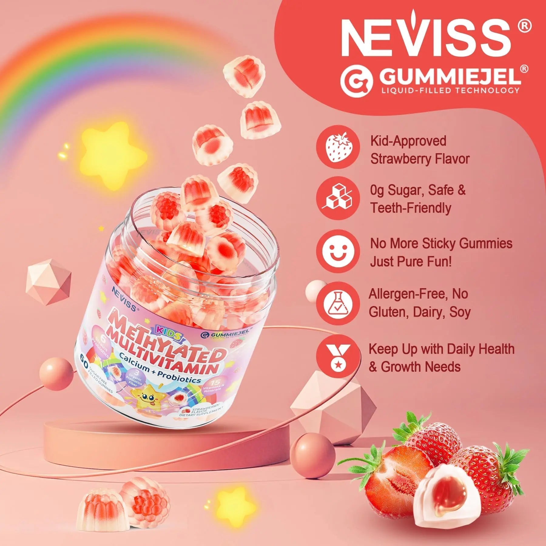Kids Multivitamin Gummies + Calcium, Probiotics, Vitamin D3, C, Methylated B12 & Methylfolate, B6, A, K2, E, Zinc NEVISS buy supplements canada