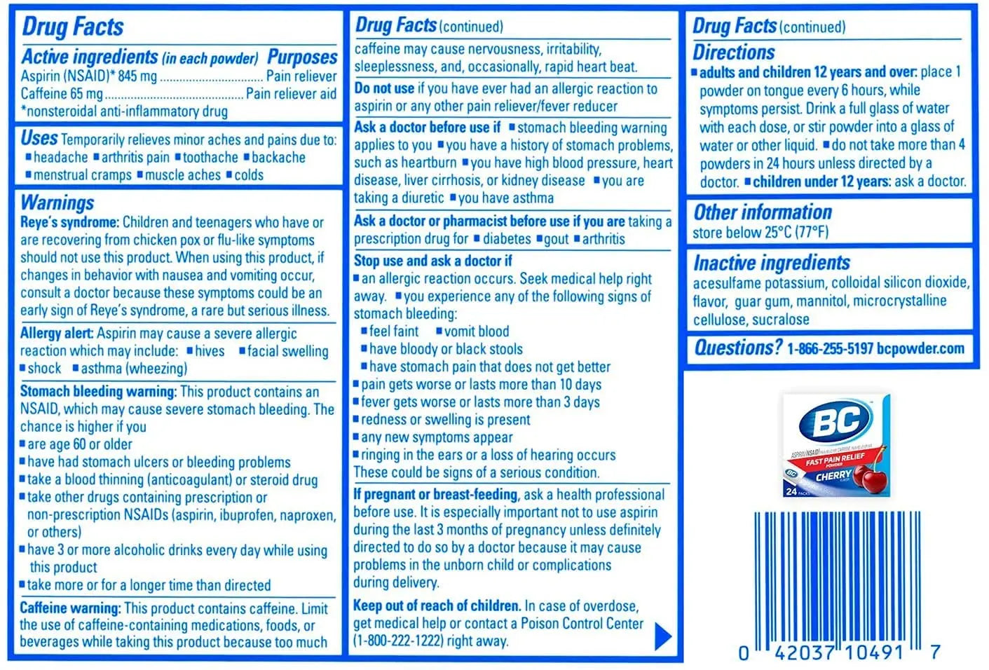 BC Powder Pain Reliever, Cherry Flavor Aspirin Dissolve Packs, 24 Count Powder Packets (6 Pack) BC buy supplements canada