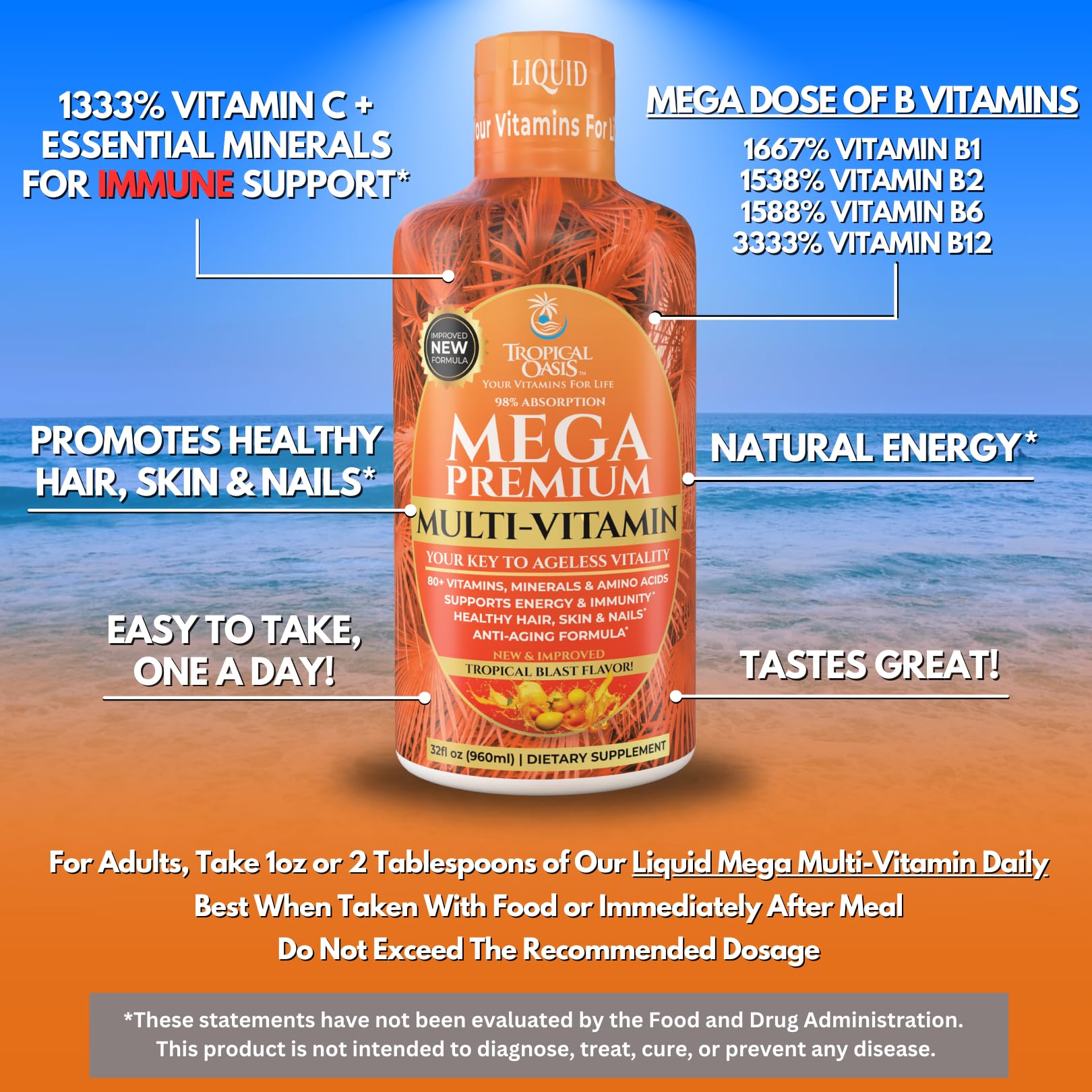 Mega Premium Liquid Multivitamin | Natural Immune Support Vitamin w/ 1333% Vitamin C, 200% D3, Zinc + 20 Vitamins, 70 Minerals, & 21 Amino Acids | Sugar Free | Orange Flavor | 98% Absorption | 32 Serv Tropical Oasis buy supplements canada