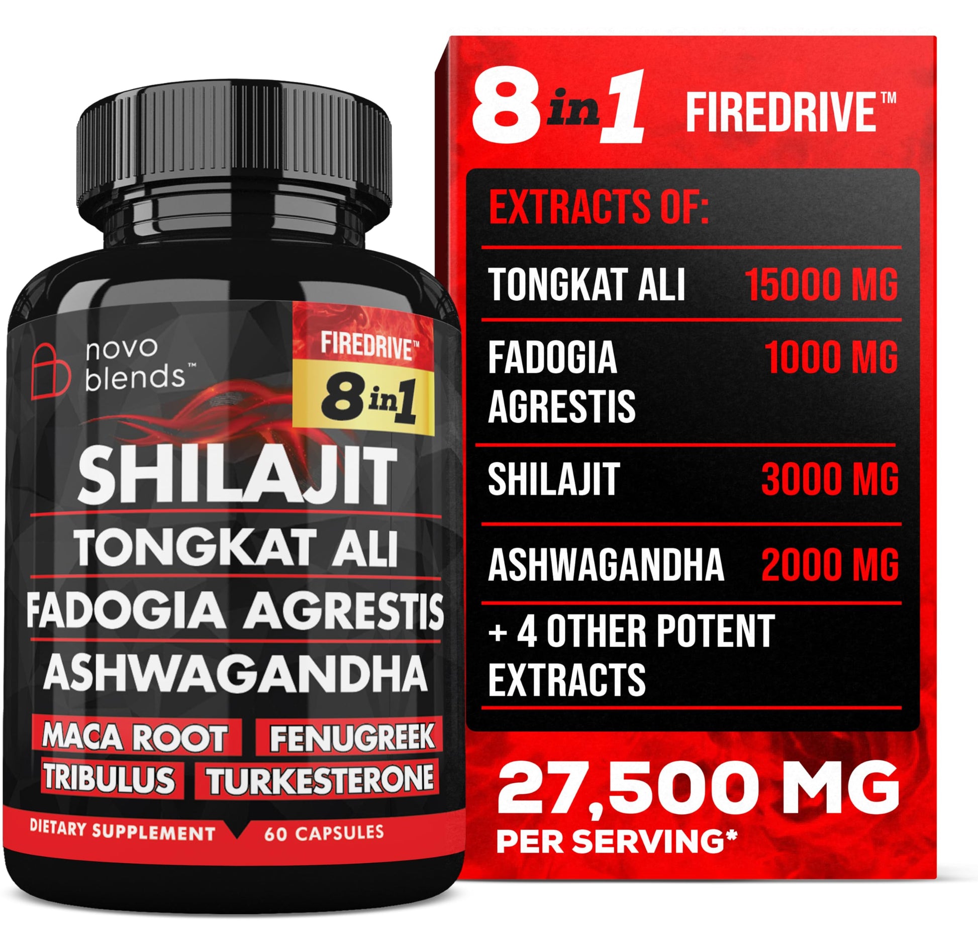 Shilajit 3000mg Tongkat Ali 15,000mg Fadogia Agrestis 1000mg Maca Root 2000mg Ashwagandha 4000mg Fenugreek 1500mg Tribulus Terrestris 500mg Turkesterone 500mg, 8-in-1 Supplement Blend for Men Novo Blends buy supplements canada