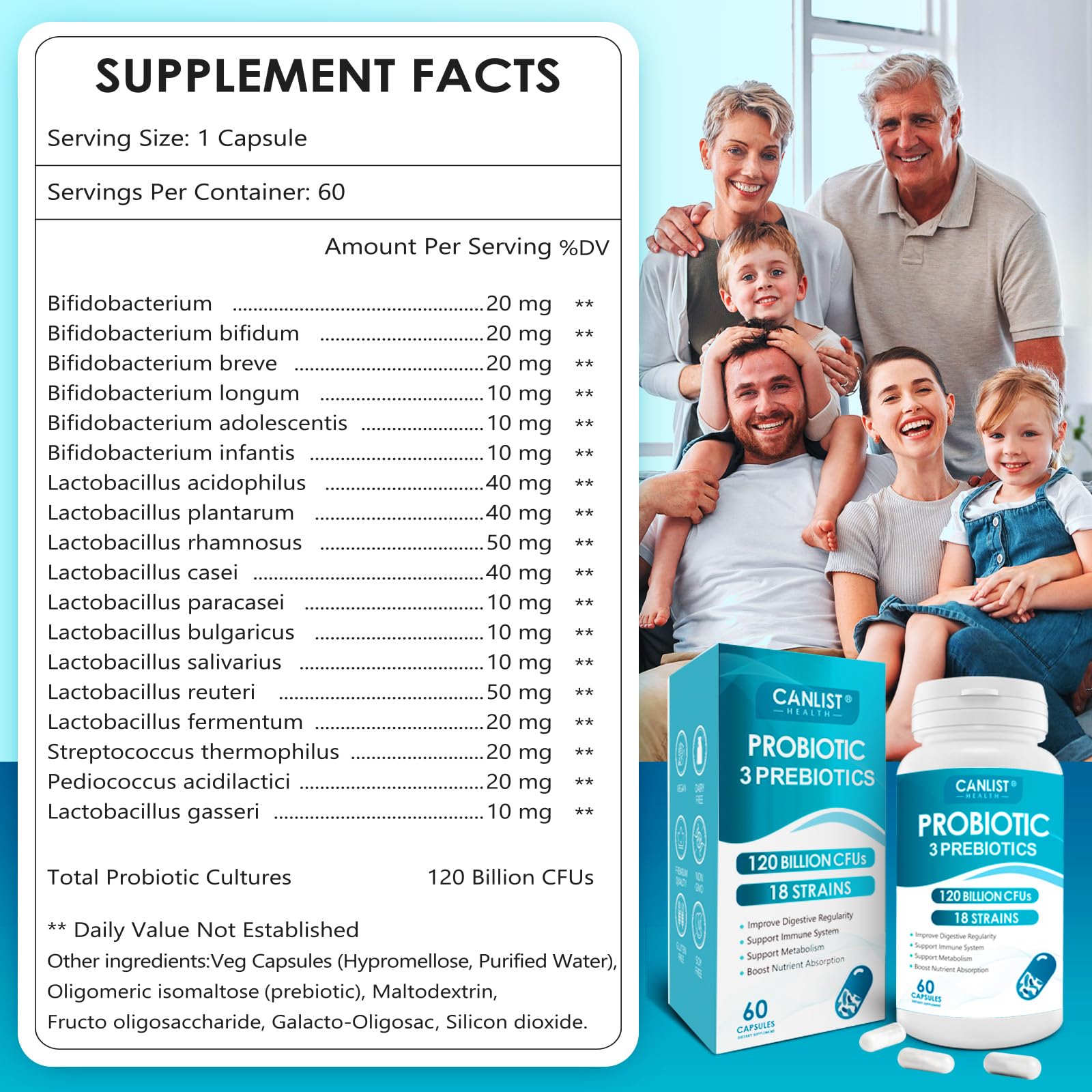 CANLIST Probiotics 120 Billion CFUs 18 Strains, 3 Prebiotics & Digestive Enzymes for Men Women,Digestive & Immune Support,Shelf Stable Non-GMO 60 Capsules CANLIST buy supplements canada