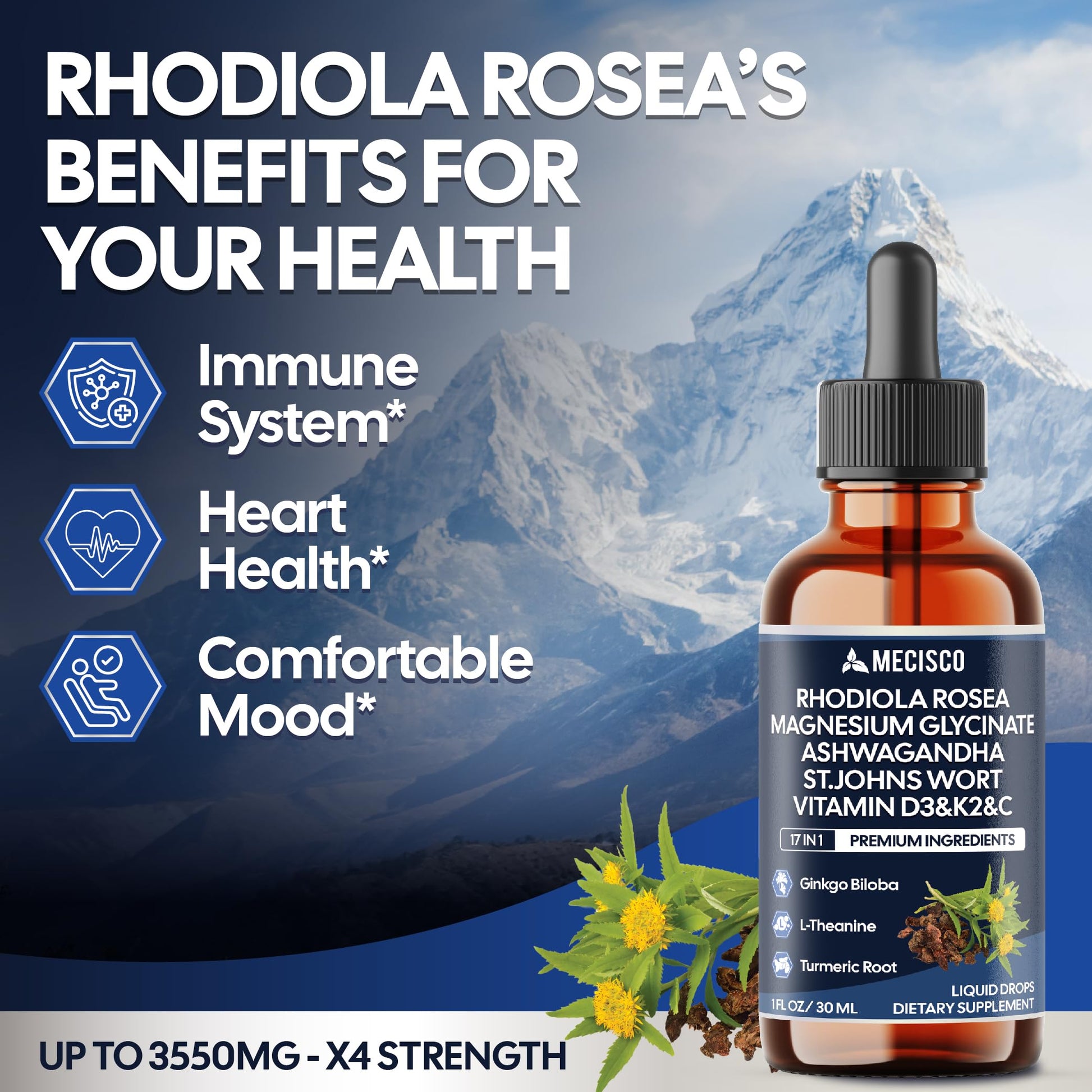 17in1 Rhodiola Rosea Liquid Drops with blend Ashwagandha Magnesium, L-Theanine. Ultra Strength Rhodiola Cortisol Supplement, Rhodiola Root for Support Relaxation, Mood, Energy - 1 FL Oz - 60 Day Mecisco buy supplements canada