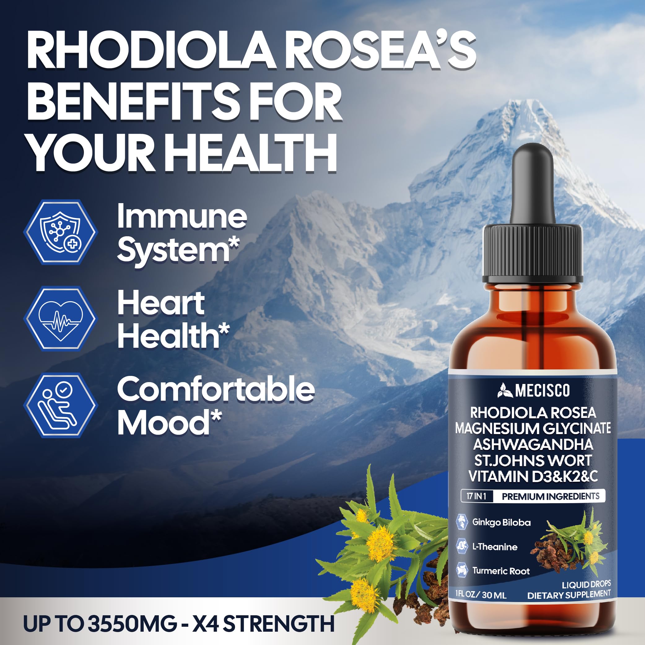 17in1 Rhodiola Rosea Liquid Drops with blend Ashwagandha Magnesium, L-Theanine. Ultra Strength Rhodiola Cortisol Supplement, Rhodiola Root for Support Relaxation, Mood, Energy - 1 FL Oz - 60 Day Mecisco buy supplements canada