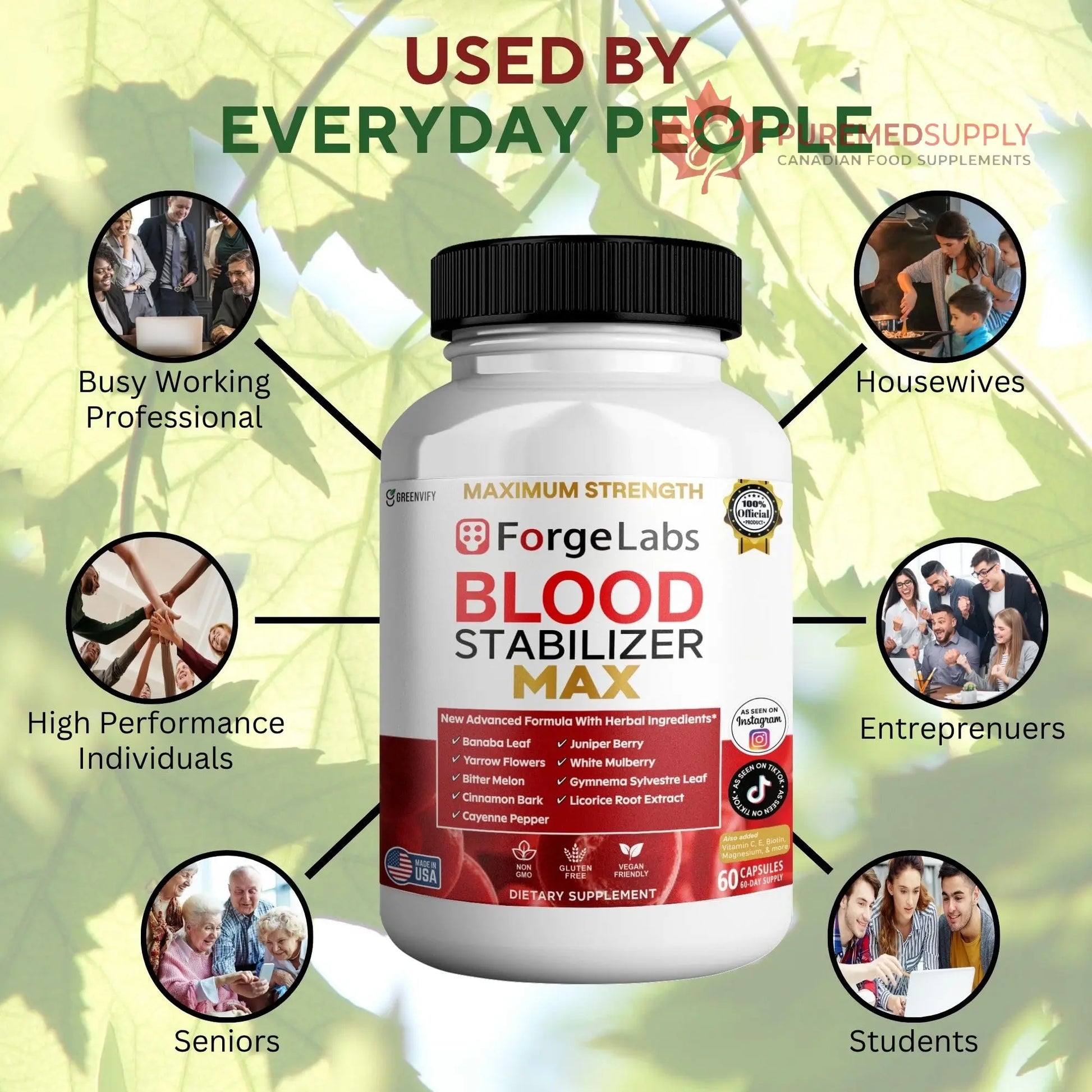 GREENVIFY ForgeLabs Blood Stabilizer Max, Maximum Strength Dietary Supplement, 60 Veggie Capsules, with Banaba Leaf, Juniper Berry, White Mulberry. (1) GREENVIFY buy supplements canada