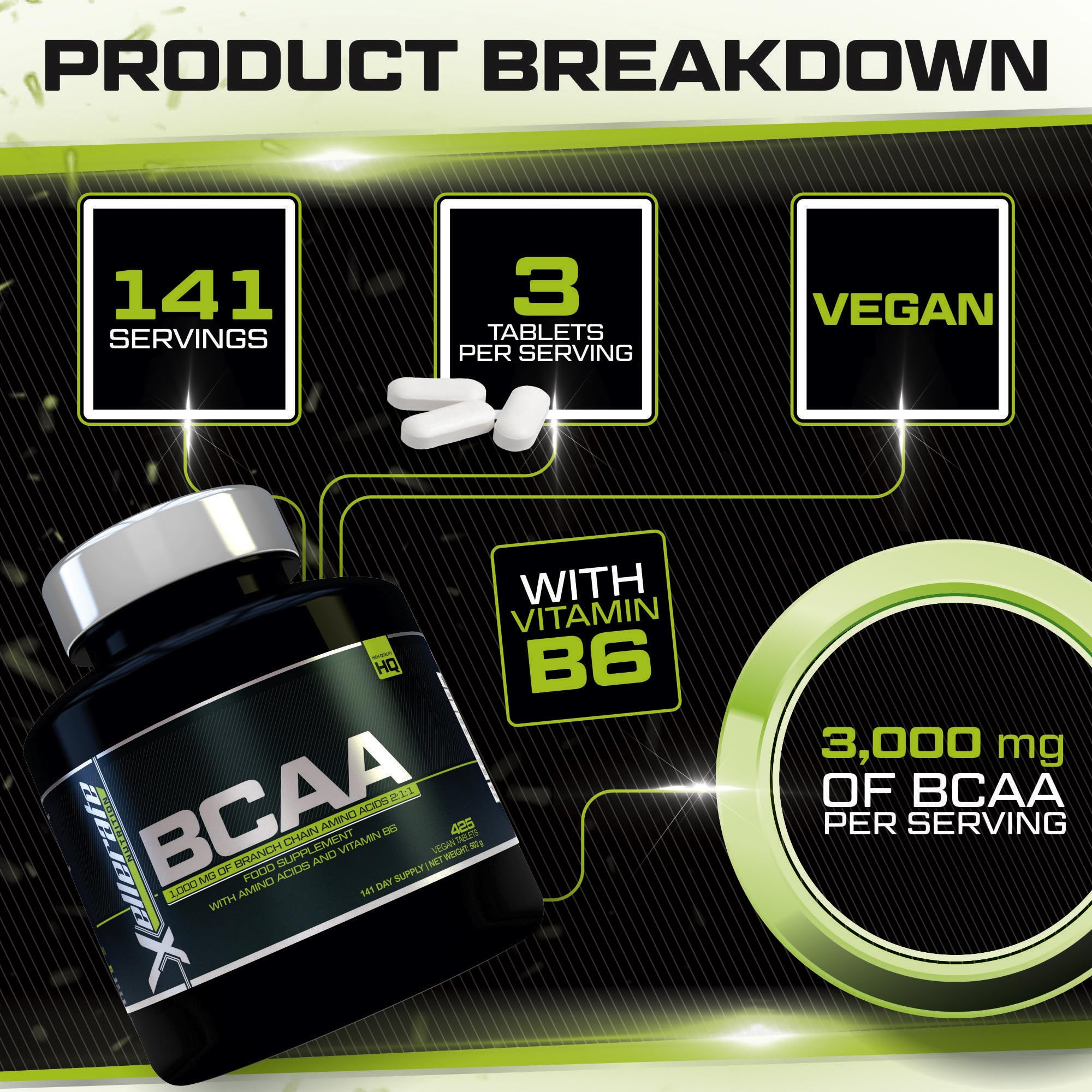 BCAA 1000mg - 425 Vegan Tablets - 3000mg Daily Serving - 141 Day Supply - 2:1:1 BCAAs Xellerate NUTRITION buy supplements canada