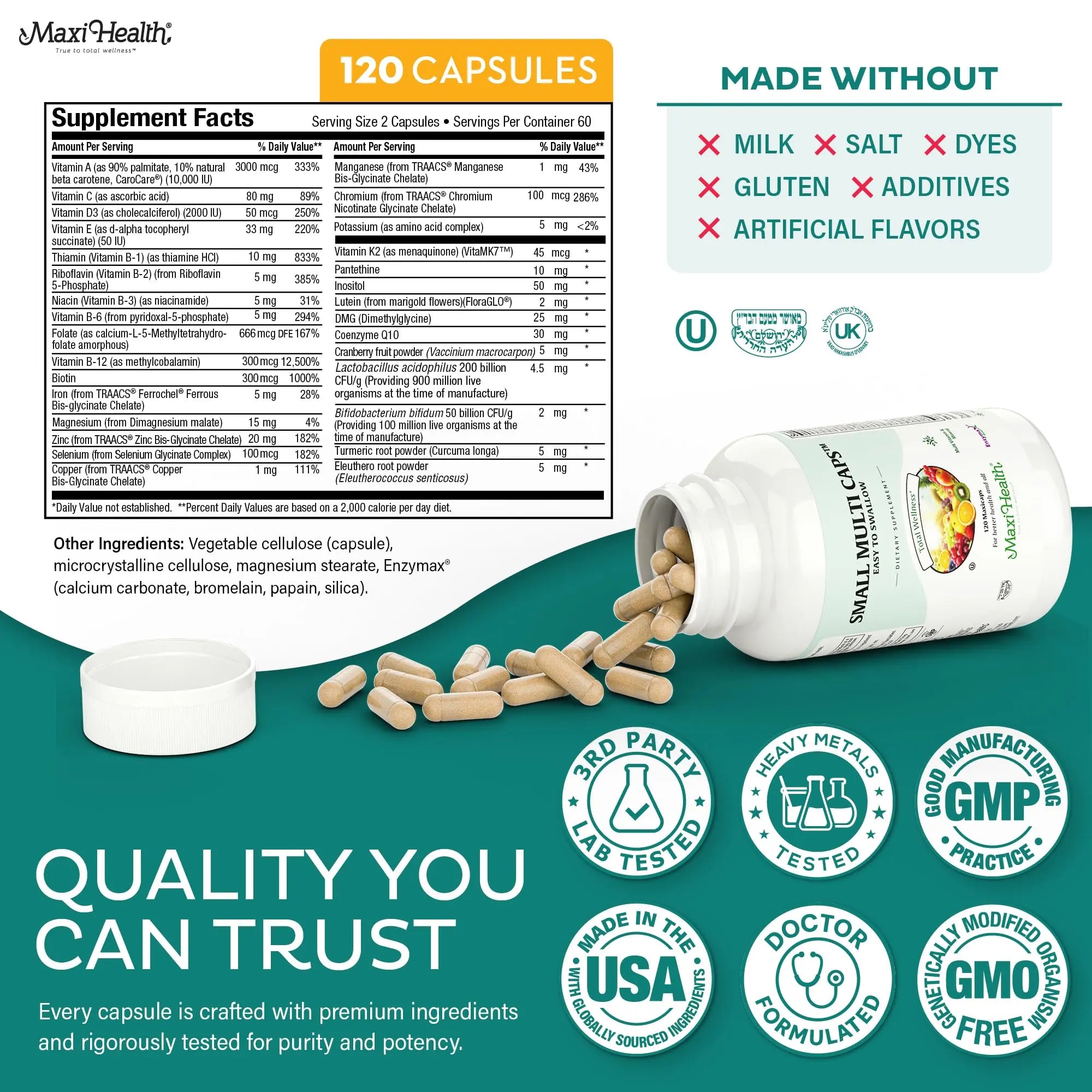 Maxi Health Multivitamin – Easy to Swallow Multi Vitamin Capsules with 30 Nutrients, Iron & Probiotics – Kosher Daily Multivitamins Small Capsules Maxi Health buy supplements canada