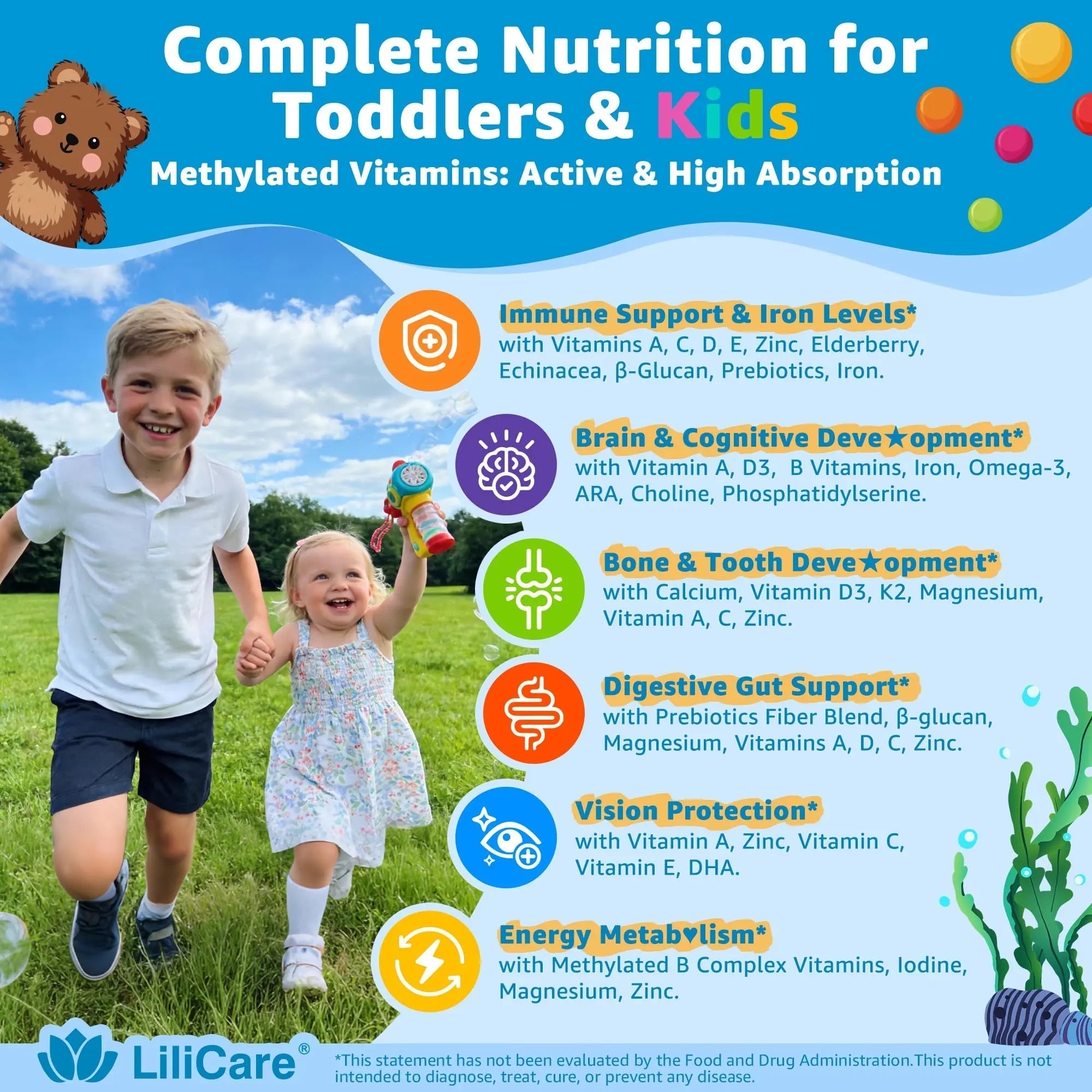 Toddler Multivitamin Gummies with Iron, Omega-3, ARA, Calcium, Prebiotic | Methylated Vitamins for Kids Ages 2+ | Overall Support | LILICARE buy supplements canada