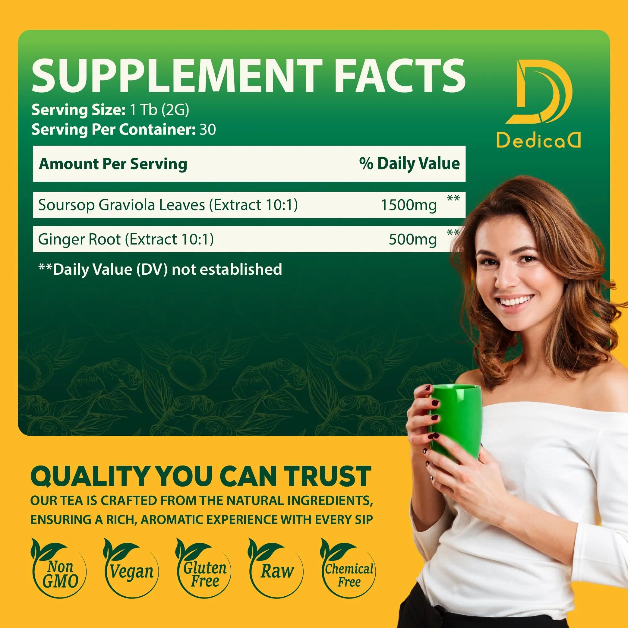 DEDICAD Soursop Leaves Tea Bags with Ginger, 30 Tea bags, 2gr/bag - Non-GMO/Caffeine free - Support Digestion, Well Skin, Immune System DEDICAD buy supplements canada