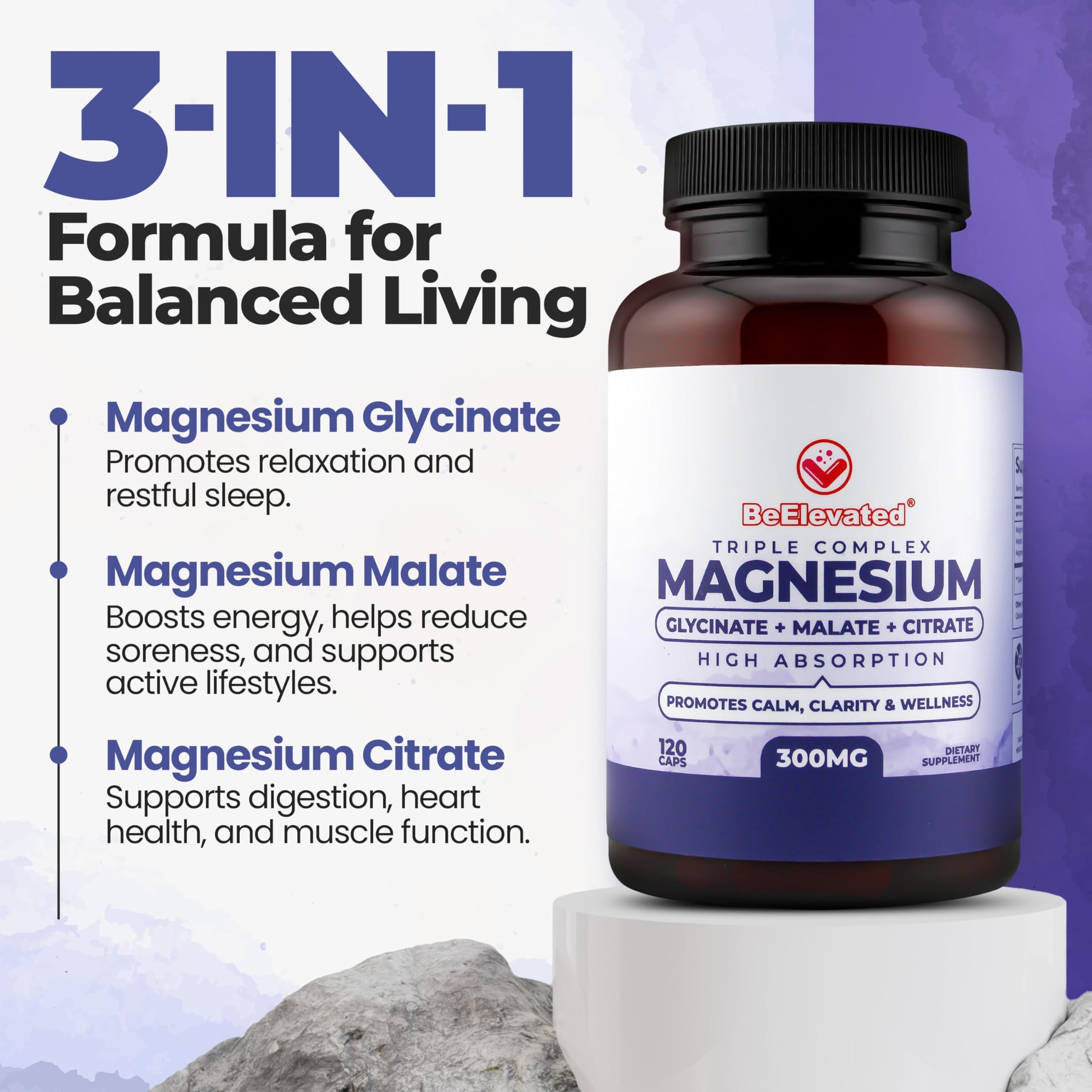 BeElevated High Absorption Triple Magnesium Complex for Sleep, Relaxation & Muscle Support – 300mg of Magnesium Glycinate, Citrate & Malate BeElevated buy supplements canada