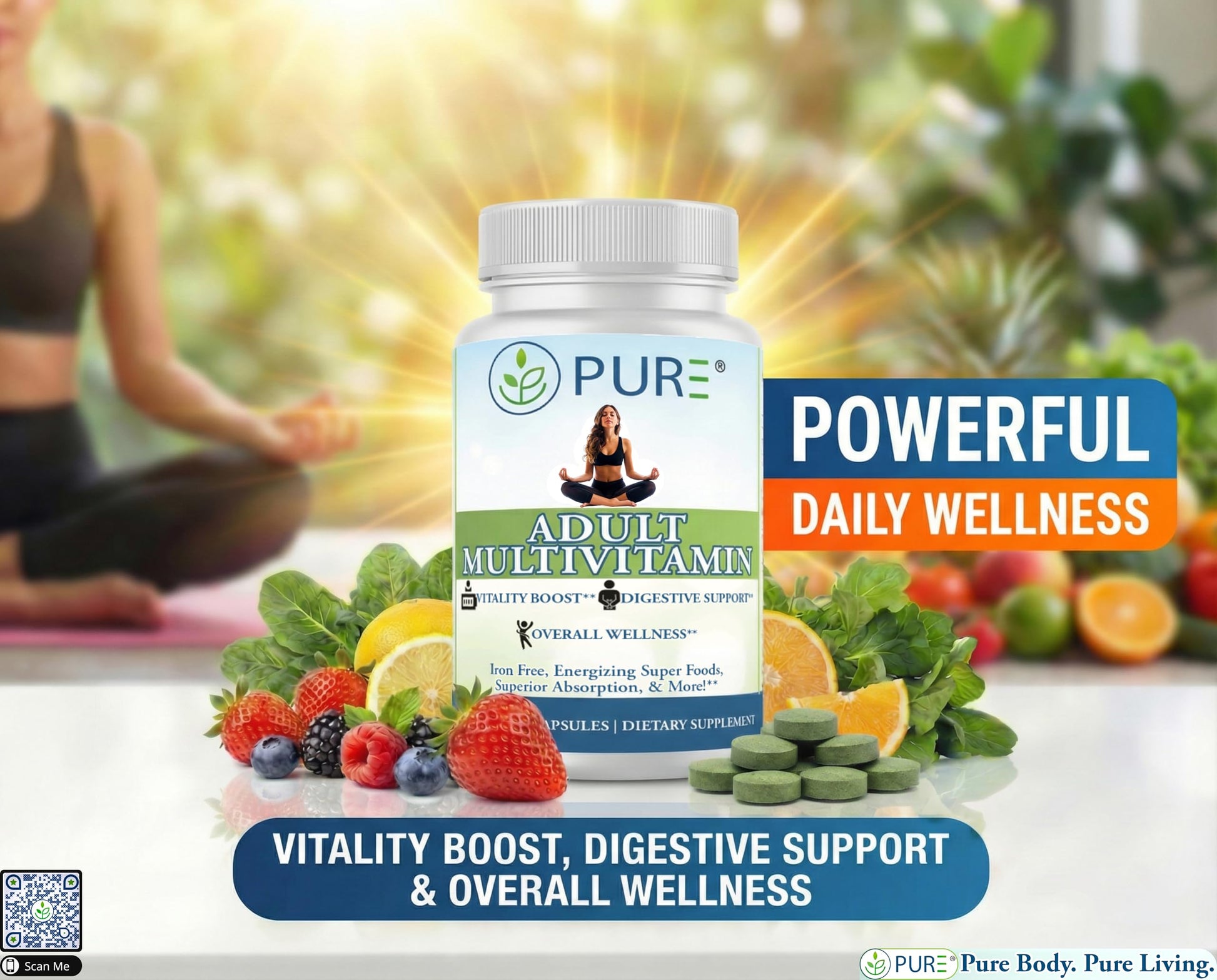 PURE Adult Multivitamin with Vitamins A, C, D3, B12, Minerals, Digestive Enzymes, 90 Capsules, 30 Servings PURE buy supplements canada