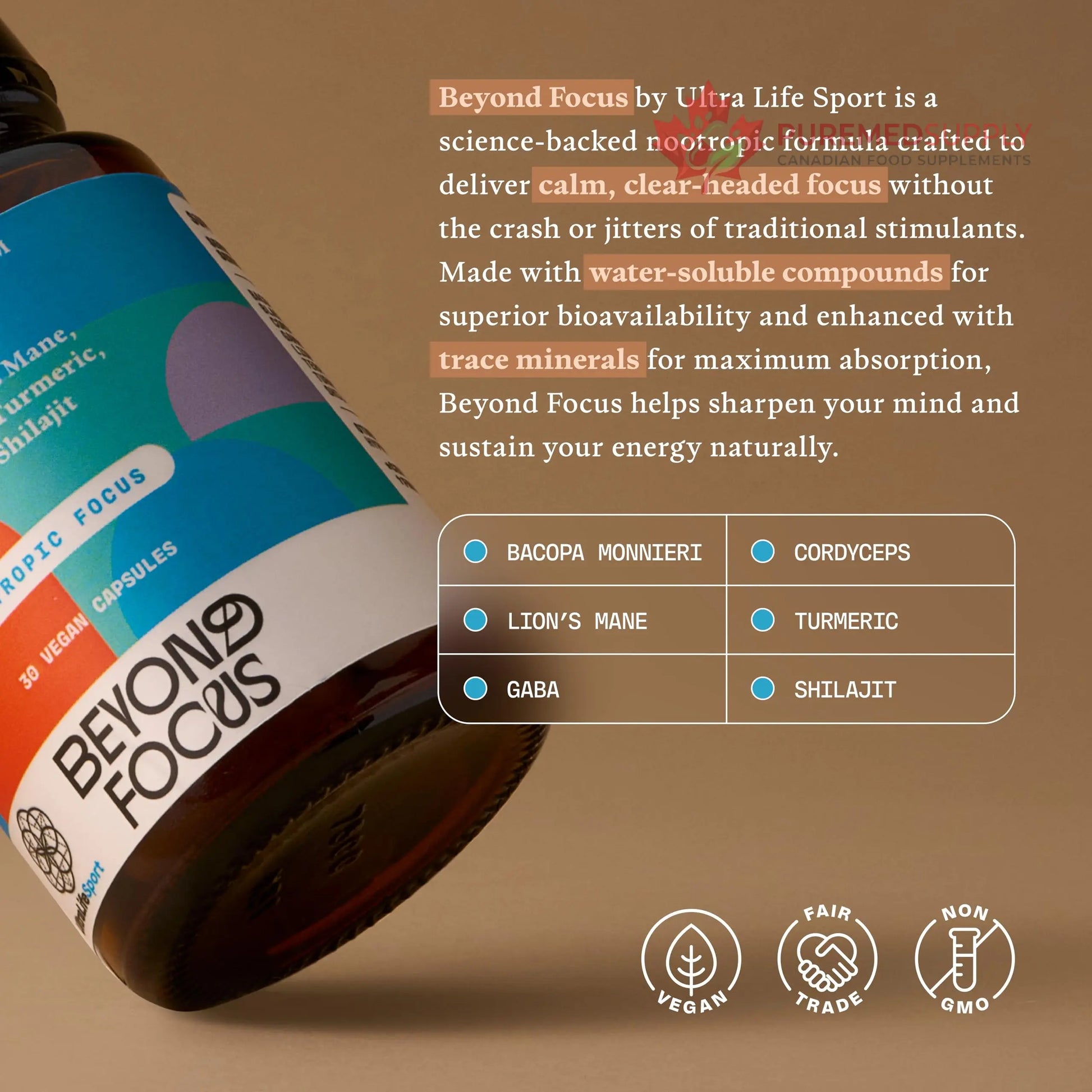 Ultra Life Sport - Beyond Focus Organic Mushroom Supplement - 30 Capsule Brain Supplements for Memory and Focus - 100% Vegan, Non-GMO - Memory Booster with Bacopa, Cordyceps, & Lion’s Mane Ultra Life Sport buy supplements canada