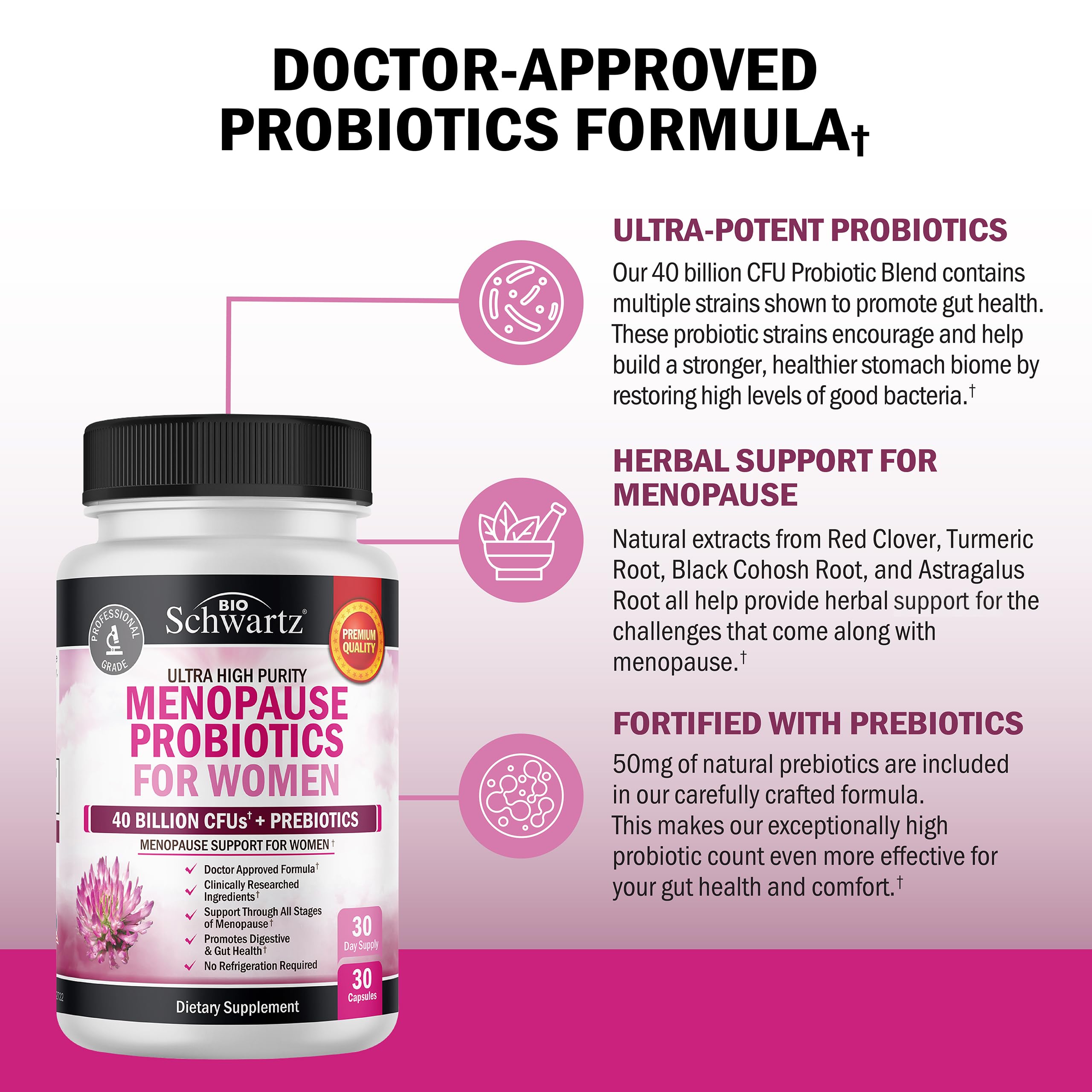 Menopause Supplements for Women - 40 Billion CFU Menopause Probiotics for Women - Support for Hot Flashes Night Sweats Mood Swings and Balance - Non-GMO, 30 Easy-Swallow Capsules, 30 Servings BioSchwartz buy supplements canada