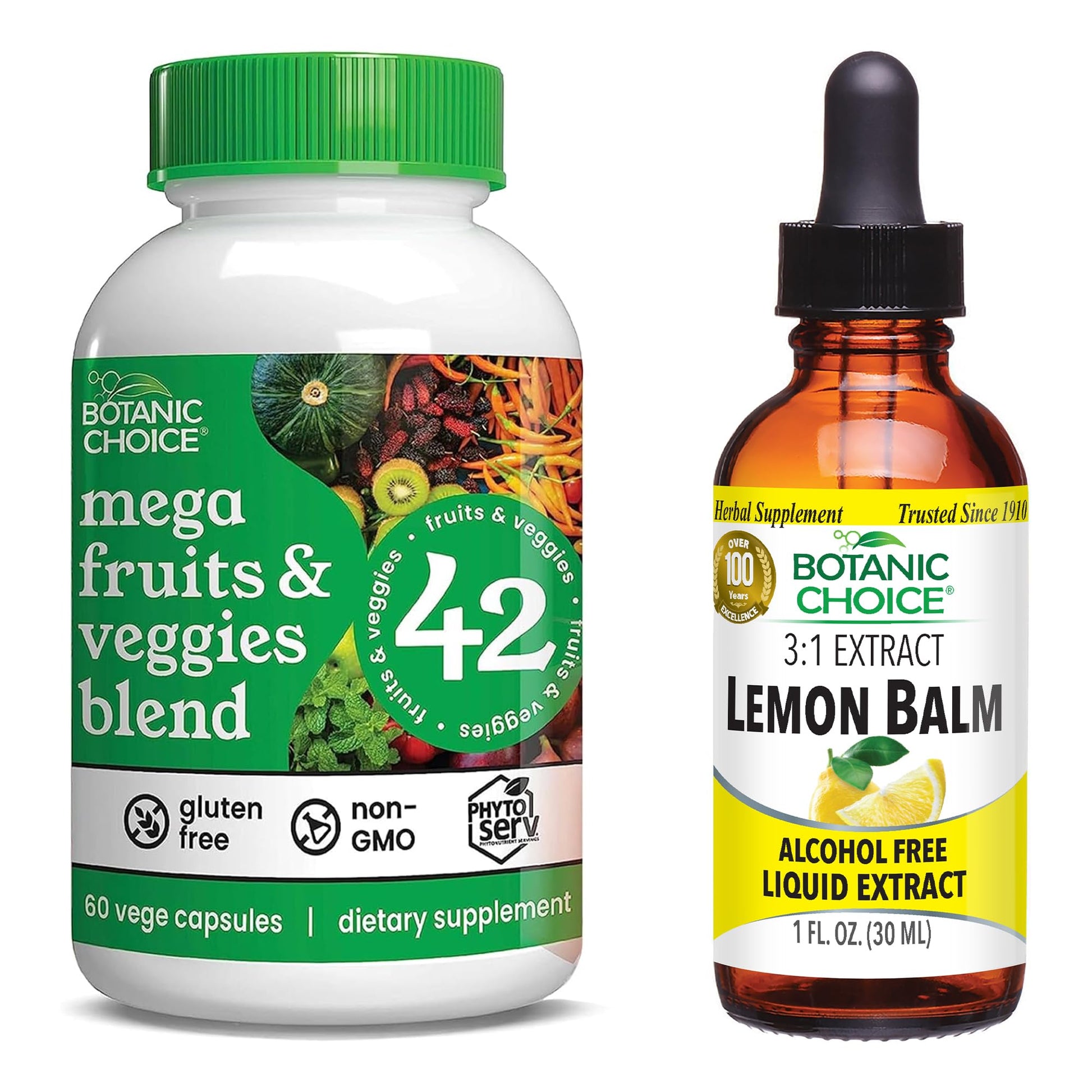 Botanic Choice Mega Fruits and Veggies Blend (60 Capsules) + Lemon Balm Tincture (1 fl oz) Bundle - Energy Balance & Superfood Supplement + Relaxation and Sleep Support Botanic Choice buy supplements canada