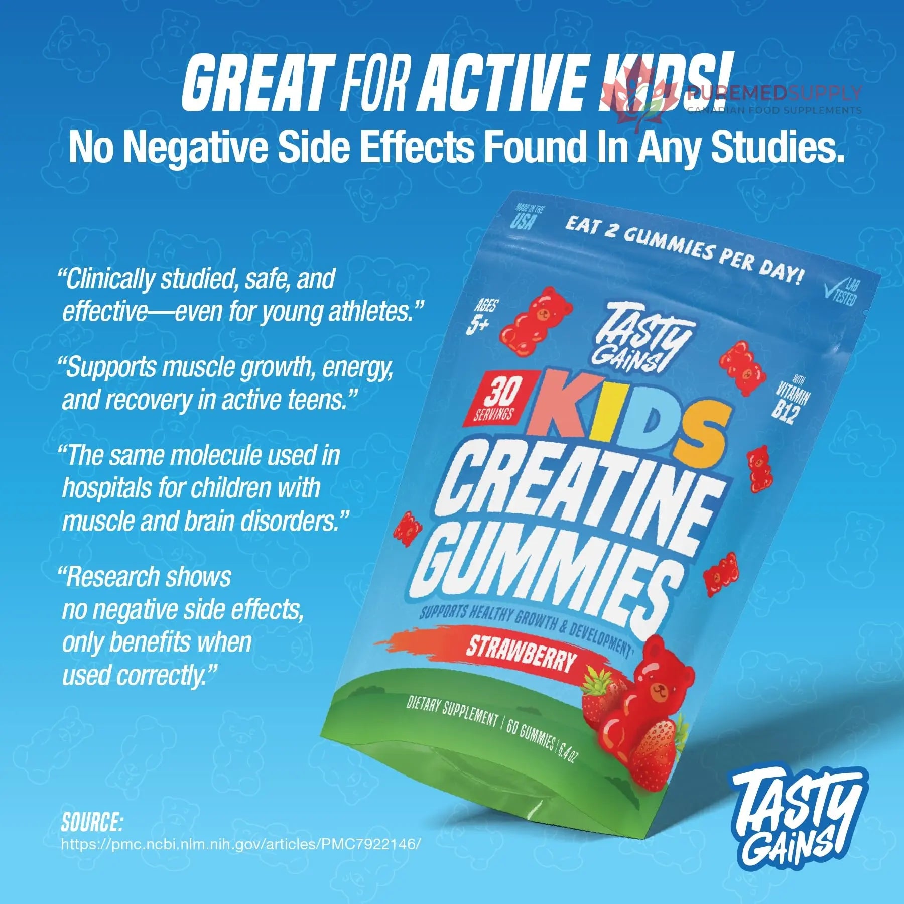 TASTY GAINS Kids & Teen Creatine Gummies with Vitamin B12 for Growth Support, Easy Chew Daily Supplement, Gummy Vitamins for Kids and Teens, Ages 5+ TASTY GAINS buy supplements canada