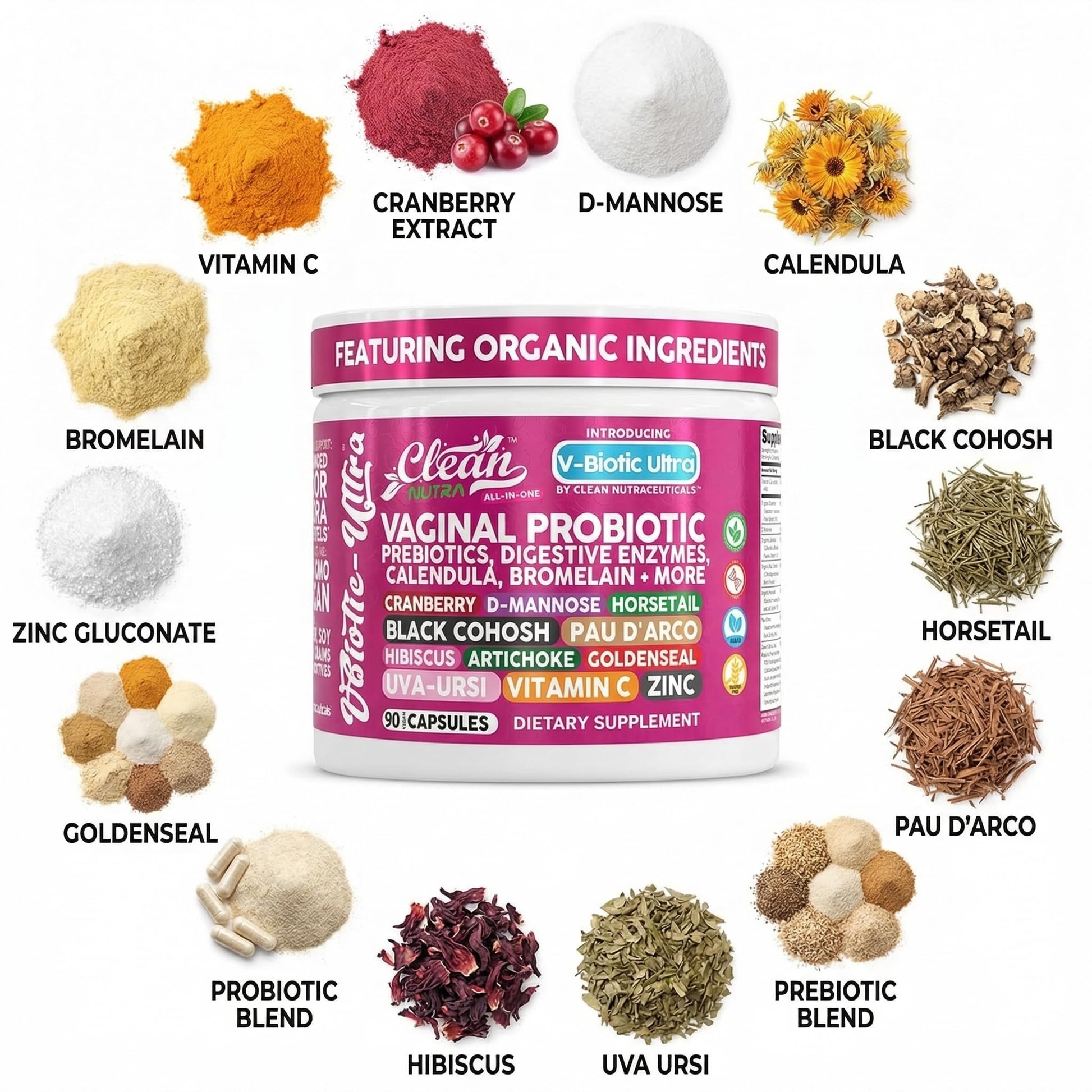 Clean Nutra Vaginal Probiotics for Women + Prebiotics Digestive Enzymes Bromelain Cranberry D Mannose Horsetail Black Cohosh Artichoke Hibiscus Flowers Probiotic for Digestive Health 90 Vegan Capsules Clean Nutraceuticals buy supplements canada