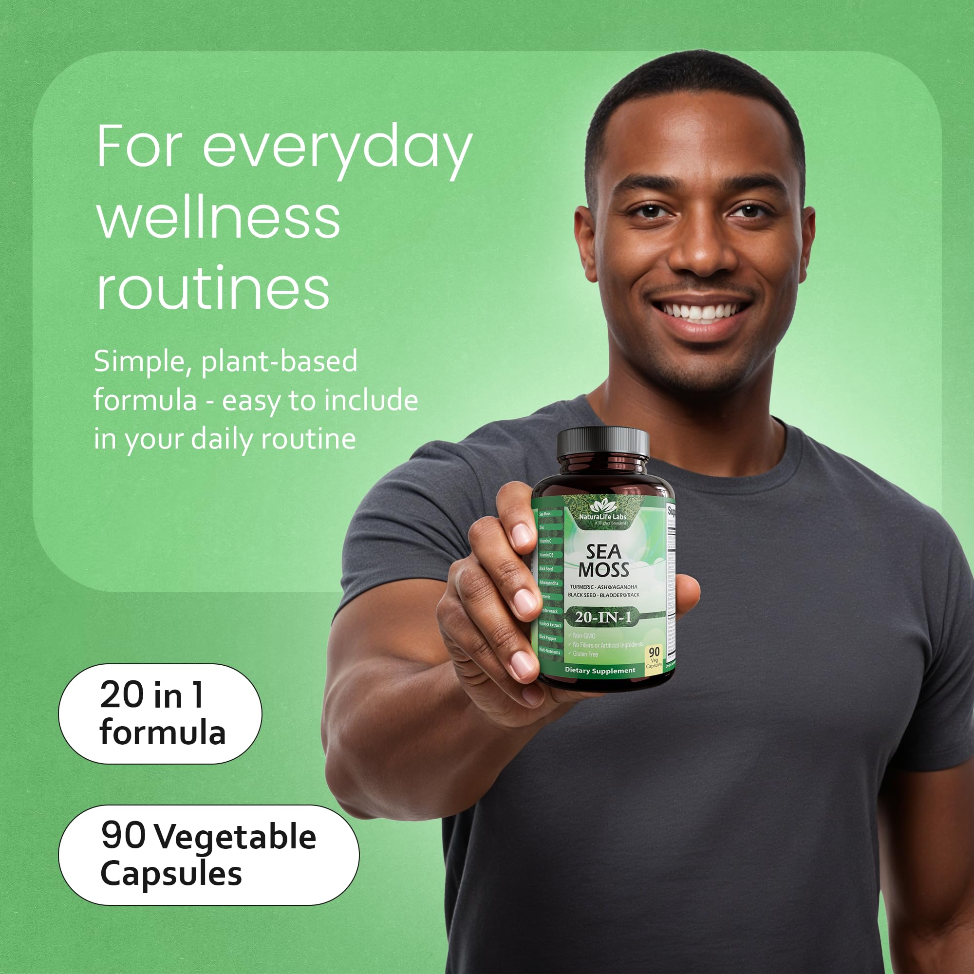 Sea Moss, Black Seed Oil, Bladderwrack, Turmeric, Ashwagandha, Burdock, Vitamin C, D3, Yellow Dock Root, Manuka, Dandelion - 90 Veggie caps NaturaLife Labs buy supplements canada
