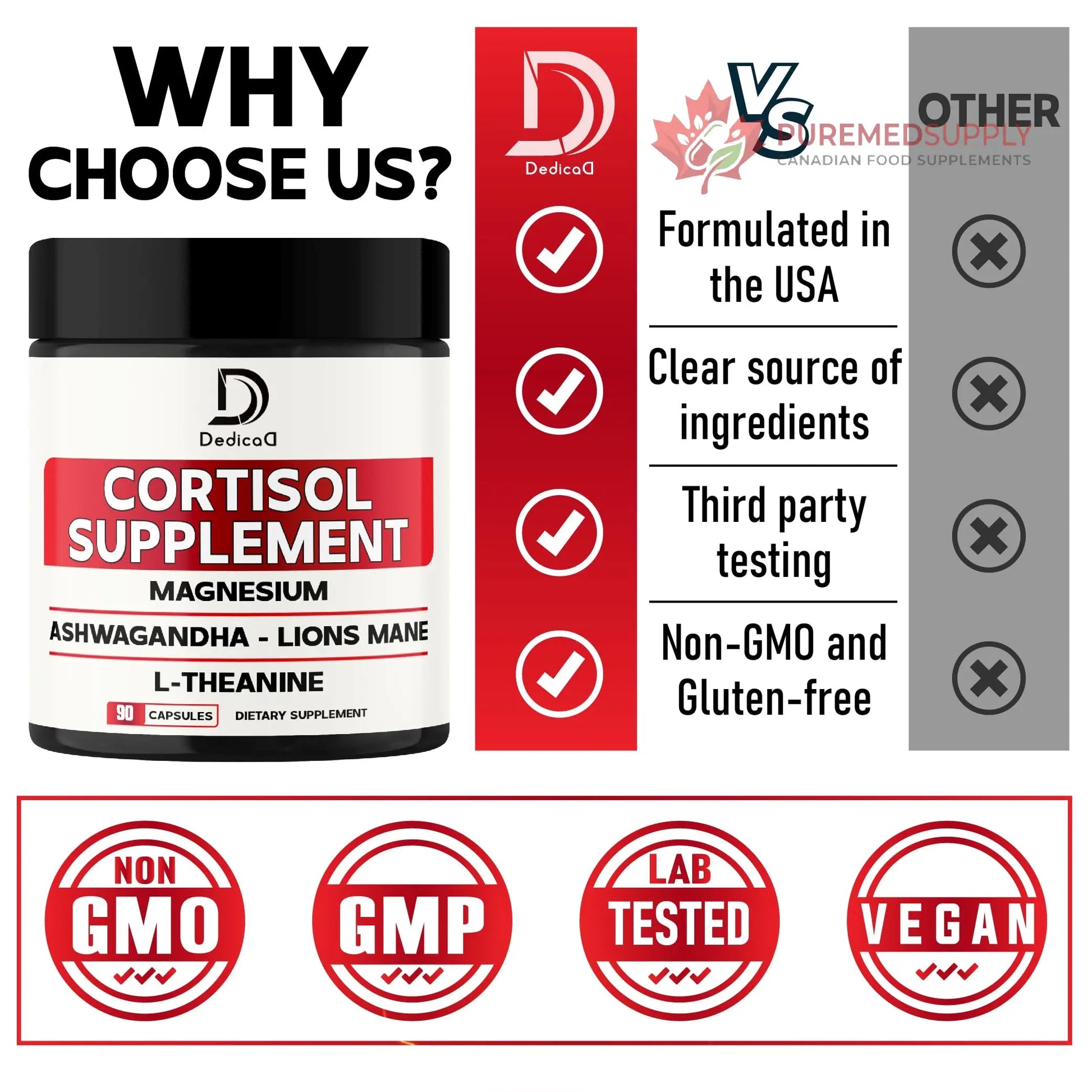 DEDICAD 9in1 Cortisol Supplement - Ashwagandha and Magnesium Glycinate and Chelate - Brain Health & Restful Night & Mood Balance - 90 Capsules Supply 45 Days DEDICAD buy supplements canada