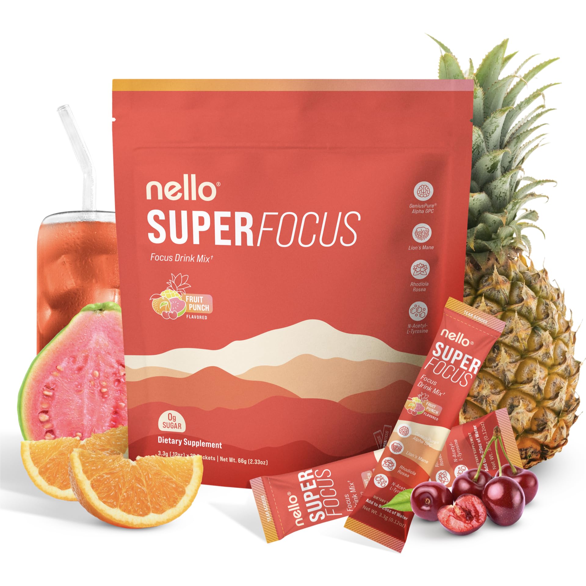 Nello Superfocus Focus Drink Mix – Fruit Punch Flavor – Alpha GPC, Lion’s Mane, Rhodiola & N-Acetyl L-Tyrosine – Sugar-Free, On-the-Go Packets – 20 Servings Nello buy supplements canada