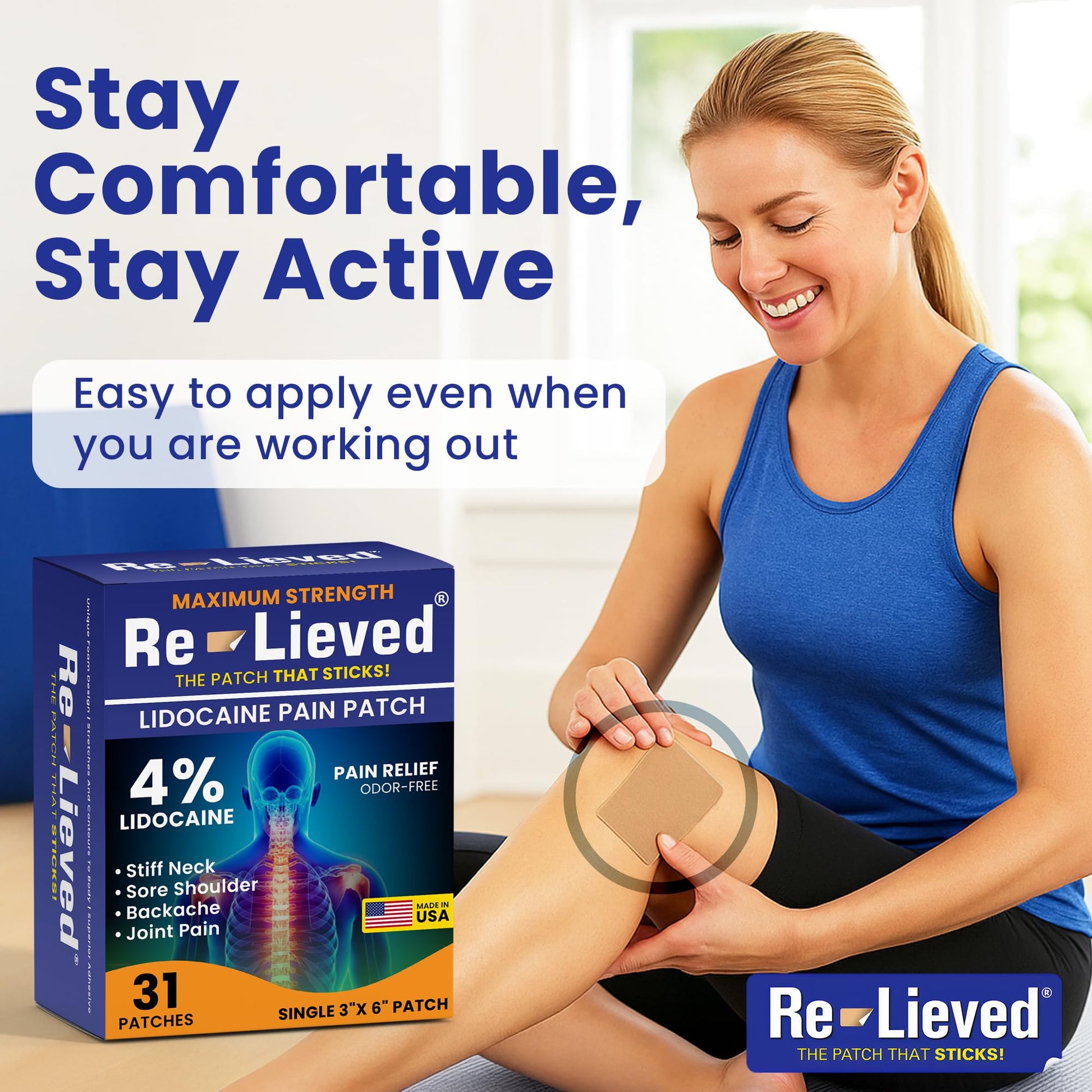Re-Lieved 4% Lidocaine Patches Maximum Strength - Aluminum-Free, Water Resistant and USA Made -Superior Sticking Pain Relief Patches Quickly Relieves Back, Joints and Muscle Pain-3x6 Inches (31 Count) Re-lieved buy supplements canada