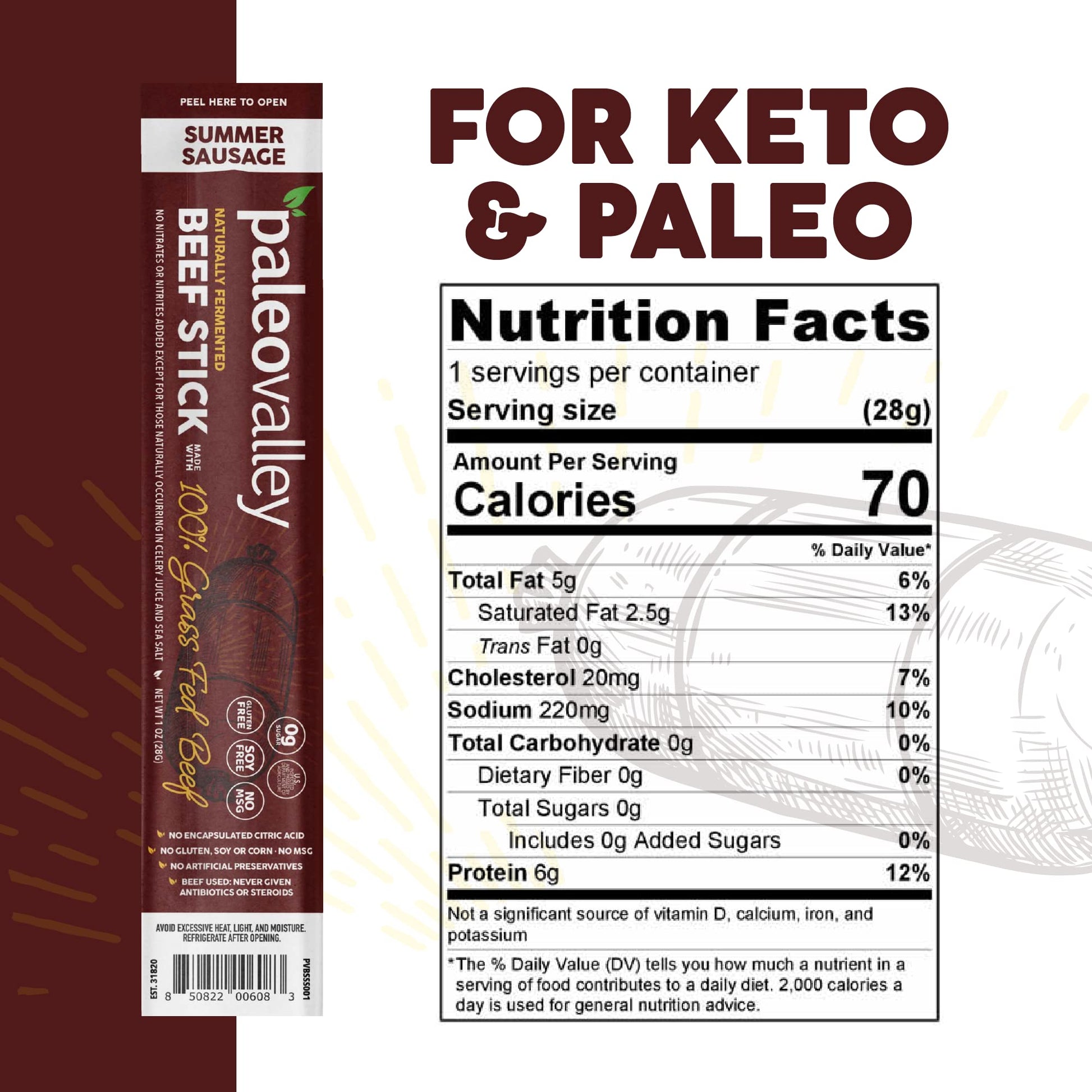 Paleovalley 100% Grass Fed Summer Sausage Beef Sticks - Delicious Gluten Free Beef Snack - High Protein Keto Friendly Paleovalley buy supplements canada