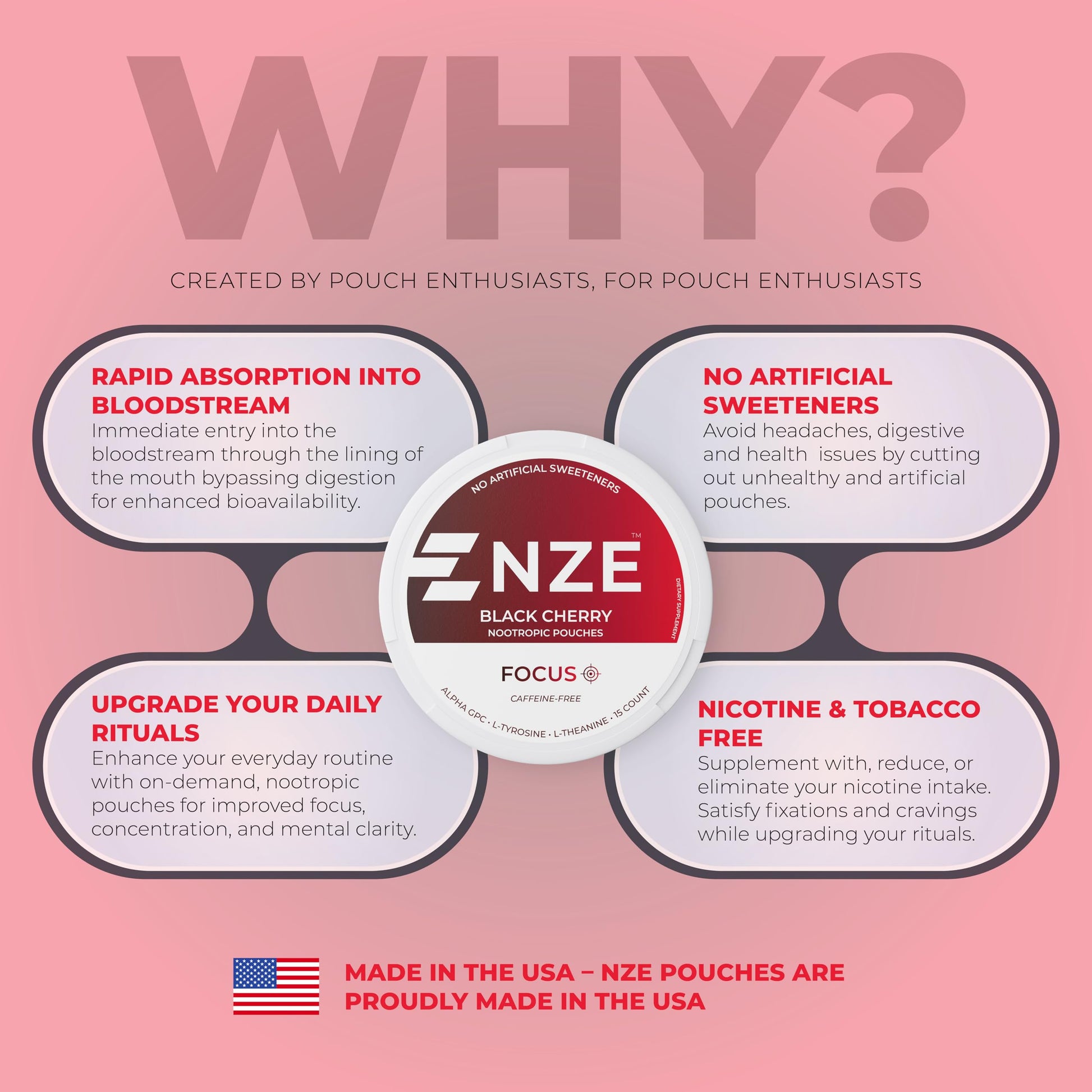 NZE Caffeine Free Nootropic Pouches (Black Cherry) - Nootropic Pouches with Alpha GPC, L-Tyrosine & L-Theanine - No Sugar or Artificial Sweeteners - 15 Pouches Per Can - 5 Pack NZE buy supplements canada