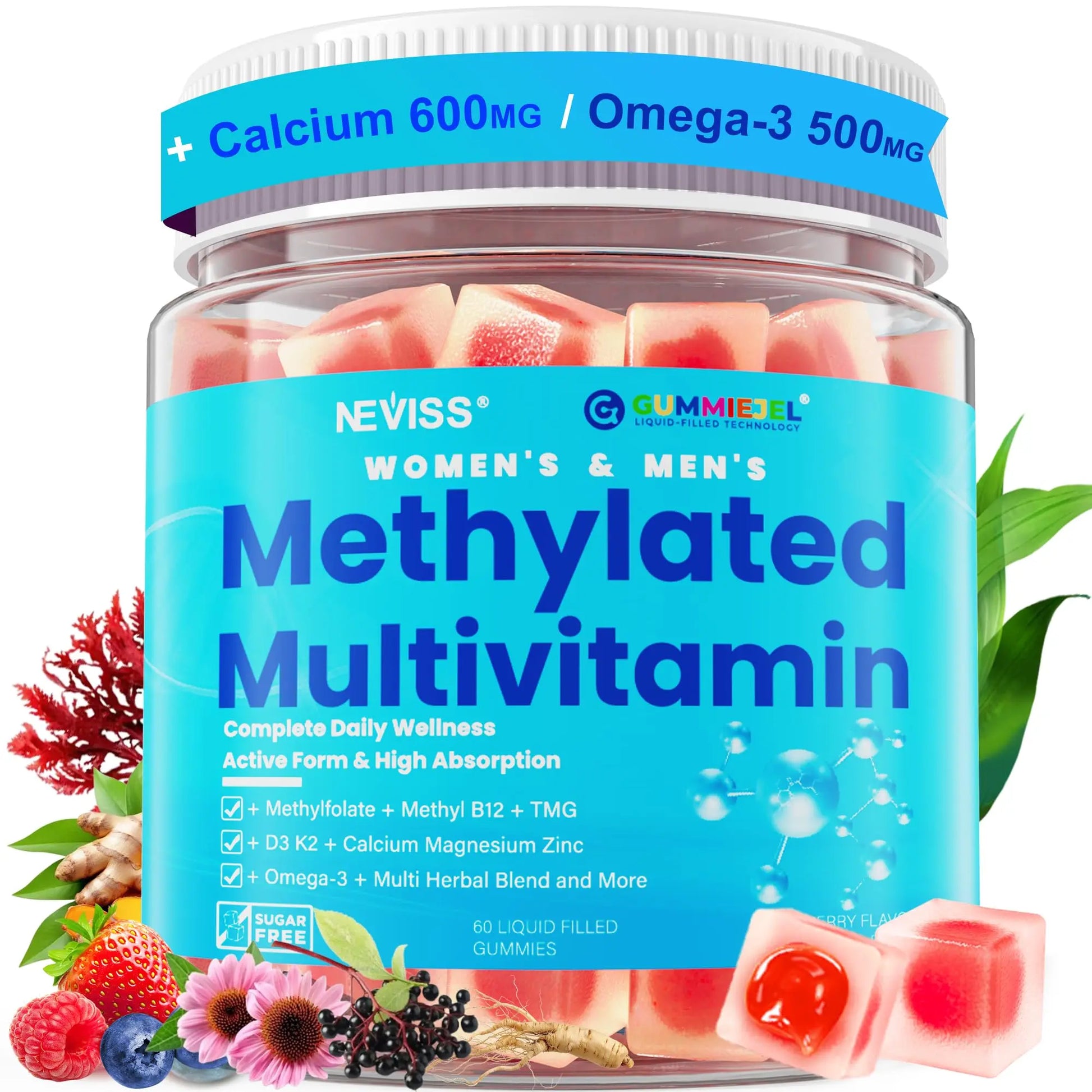 Methylated Multivitamin for Women & Men Gummies w/ Omega-3, Calcium, D3 K2, Methylfolate & B12, TMG, Daily Vitamins, Mag, CoQ10, Probiotic for 18 30 40 50 60 70+, Overall Health - Vegan, Sugar Free NEVISS buy supplements canada