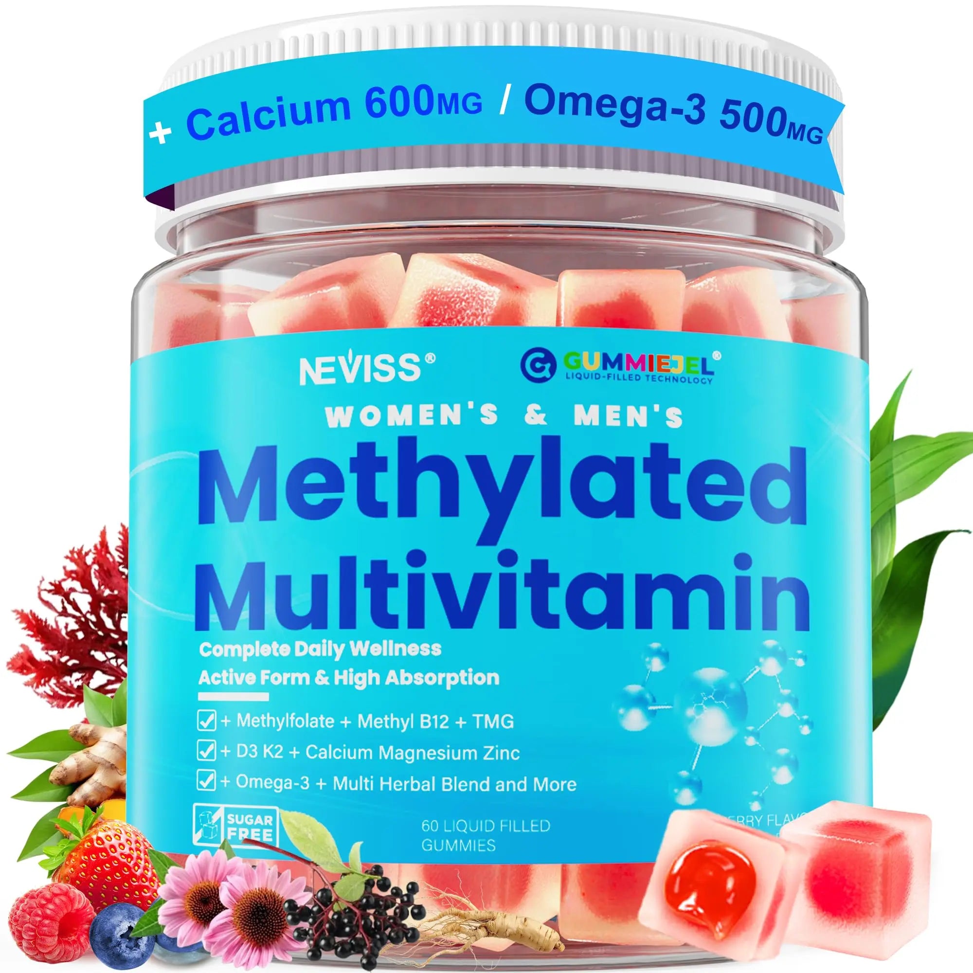 Methylated Multivitamin for Women & Men Gummies w/ Omega-3, Calcium, D3 K2, Methylfolate & B12, TMG, Daily Vitamins, Mag, CoQ10, Probiotic for 18 30 40 50 60 70+, Overall Health - Vegan, Sugar Free NEVISS buy supplements canada