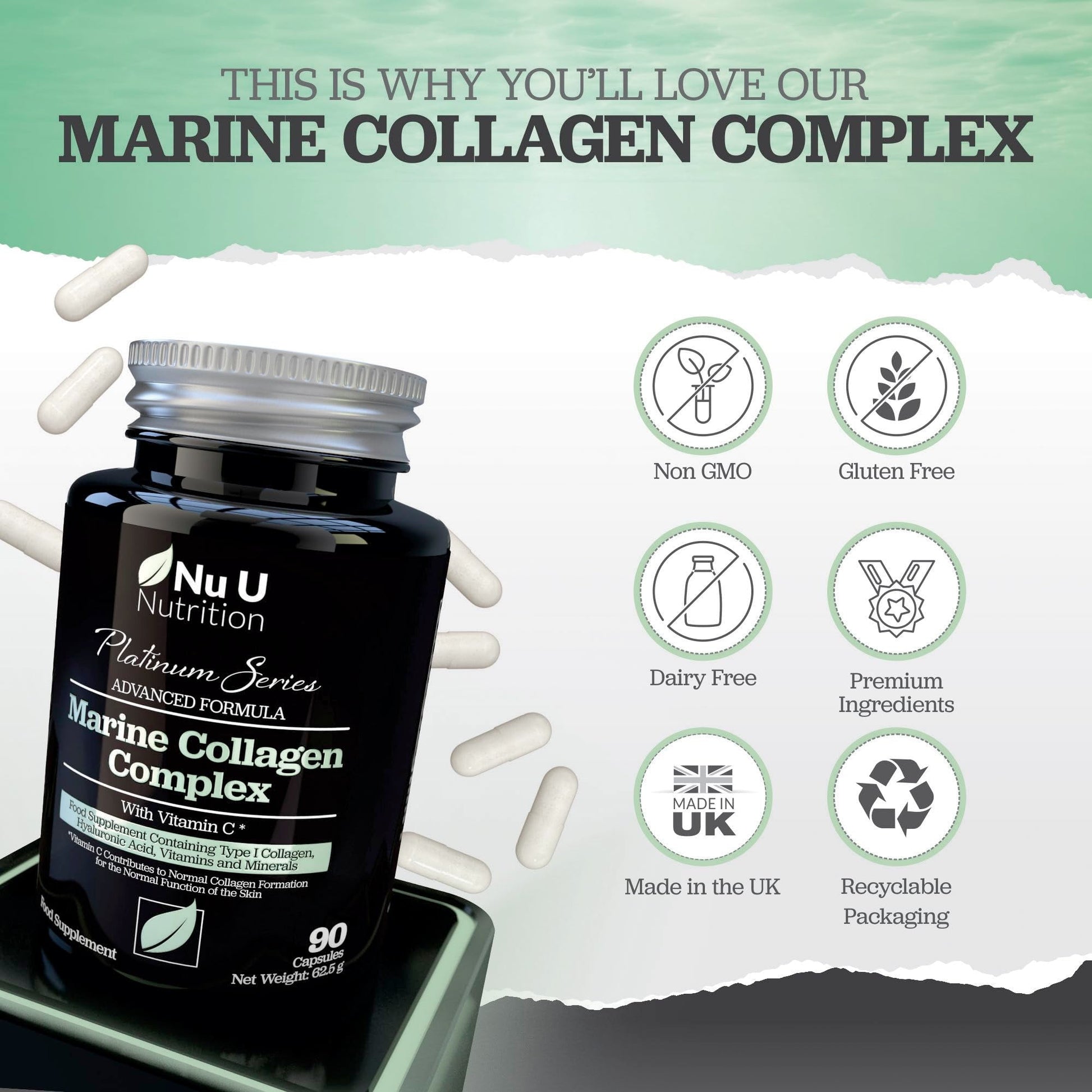 Marine Collagen with Hyaluronic Acid, Vitamin C - 90 Hydrolysed Capsules (not Tablets) - Premium High Strength Collagen Nu U Nutrition buy supplements canada