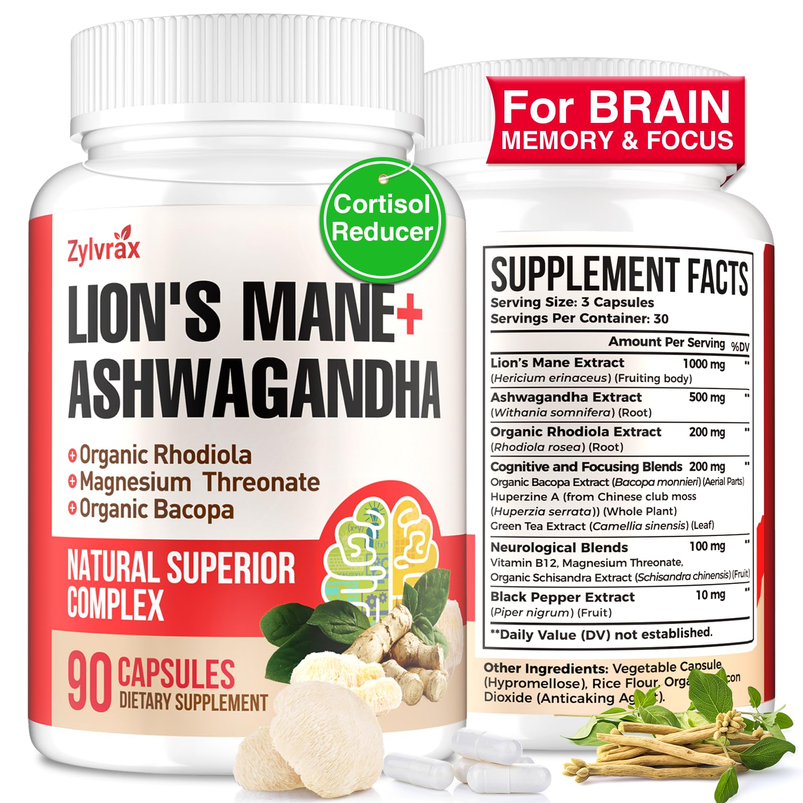 Ashwagandha & Lions Mane Supplements Capsules, Brain Supplements for Memory and Focus, Ashwagandha with Rhodiola Rosea for Cognitive, Immune Support, Cortisol Supplements for Women, 90 Capsules Zylvrax buy supplements canada