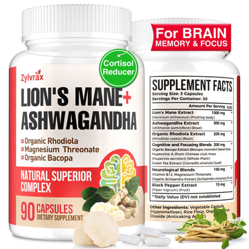 Ashwagandha & Lions Mane Supplements Capsules, Brain Supplements for Memory and Focus, Ashwagandha with Rhodiola Rosea for Cognitive, Immune Support, Cortisol Supplements for Women, 90 Capsules Zylvrax buy supplements canada
