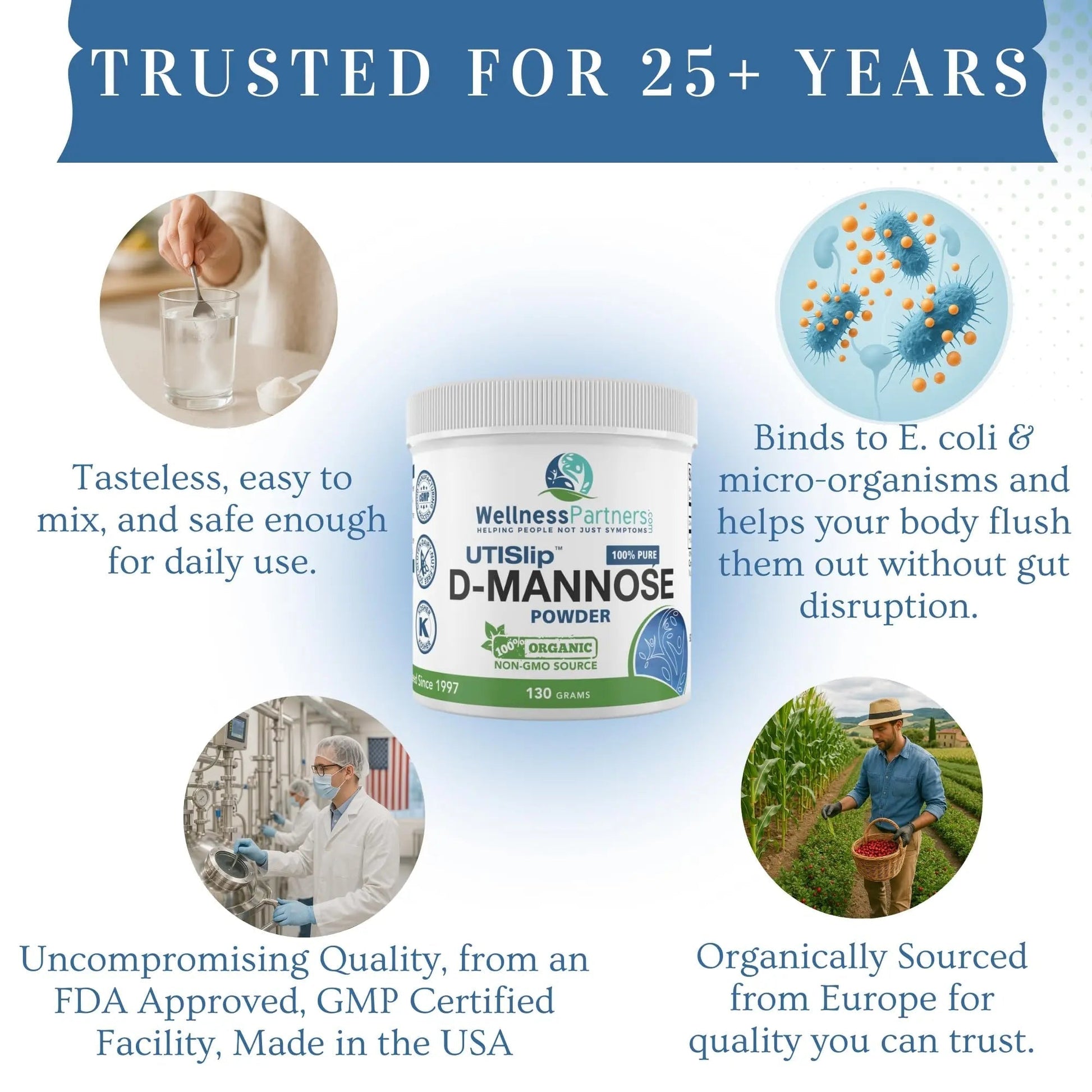 Now New UTI-Slip D Mannose Non GMO Organic Source Powder 130g jar. WellnessPartners buy supplements canada