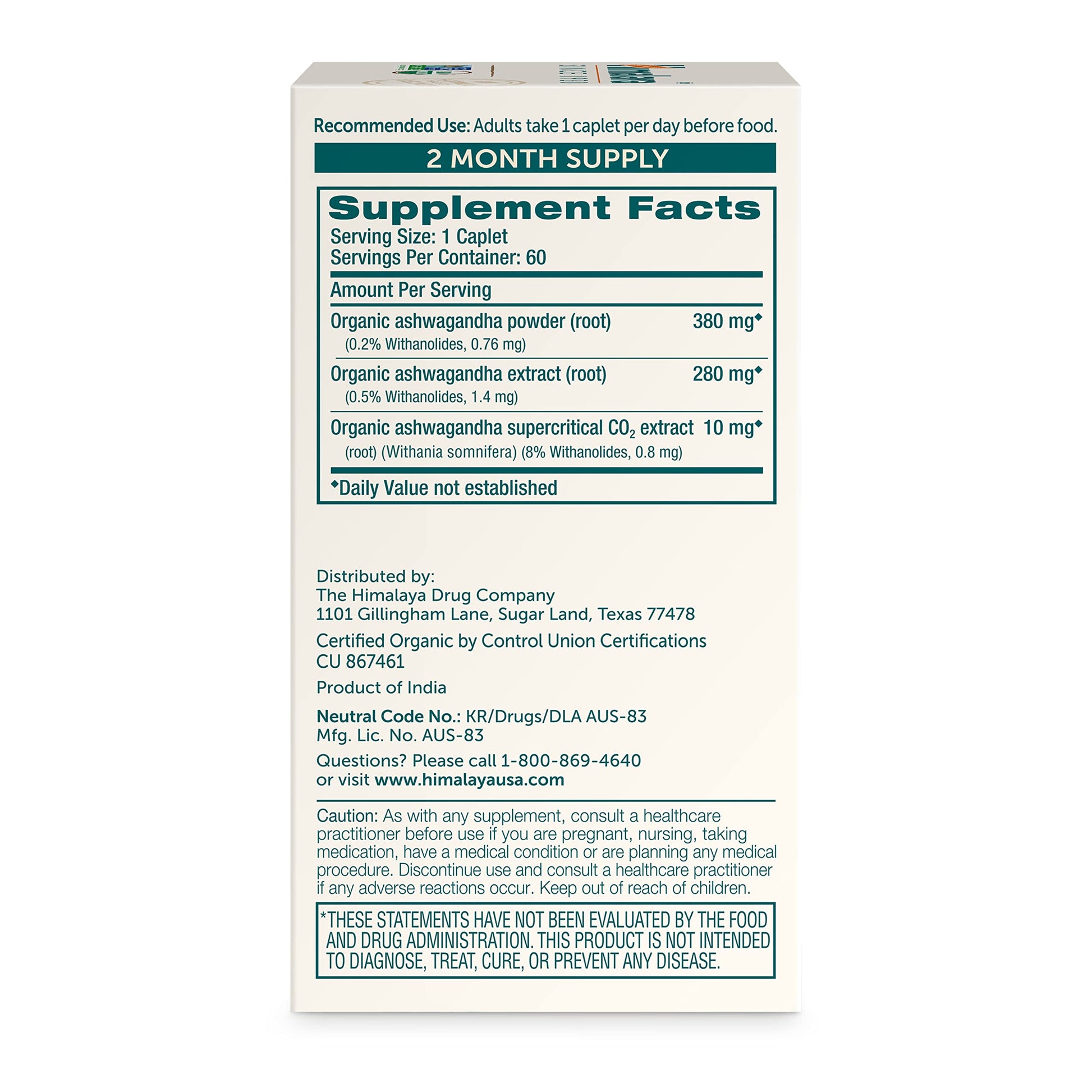 Himalaya Organic Ashwagandha Root - Adrenal Support, Stress Relief, Vegan, Non-GMO - 670 mg, 60 Caplets Himalaya buy supplements canada