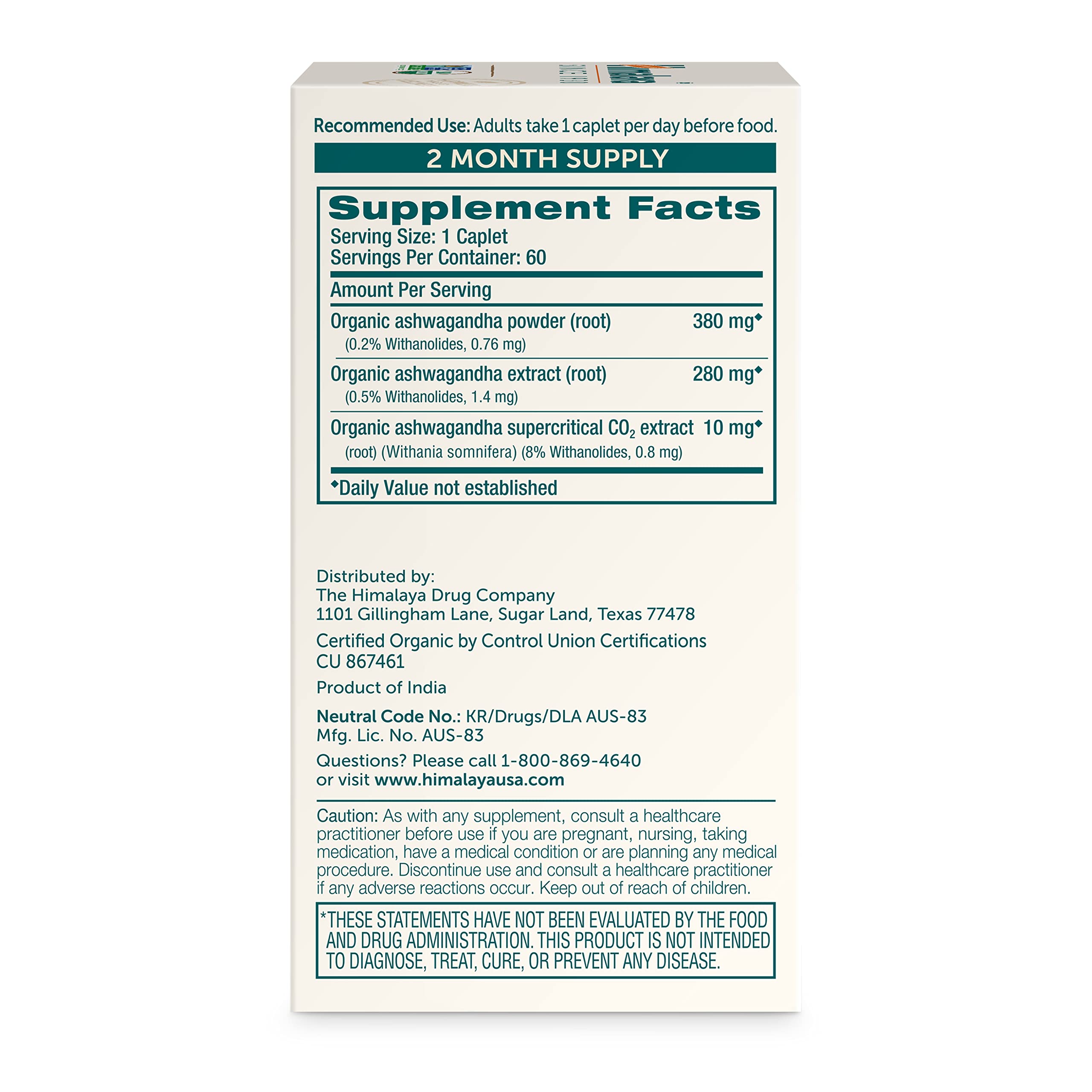 Himalaya Organic Ashwagandha Root - Adrenal Support, Stress Relief, Vegan, Non-GMO - 670 mg, 60 Caplets Himalaya buy supplements canada