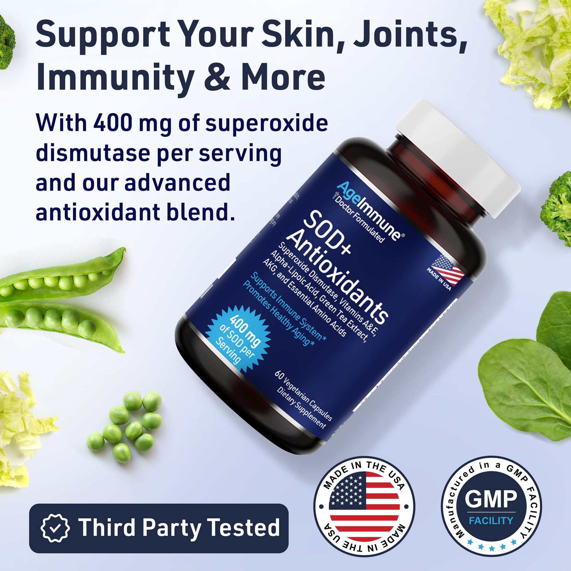 SOD Antioxidants Complex Healthy Aging Supplement - 400mg of Superoxide Dismutase - Alpha Lipoic Acid - L-Arginine -Lysine - AKG - Vitamin A - Vitamin E for Immune Support-60 Capsules AgeImmune buy supplements canada