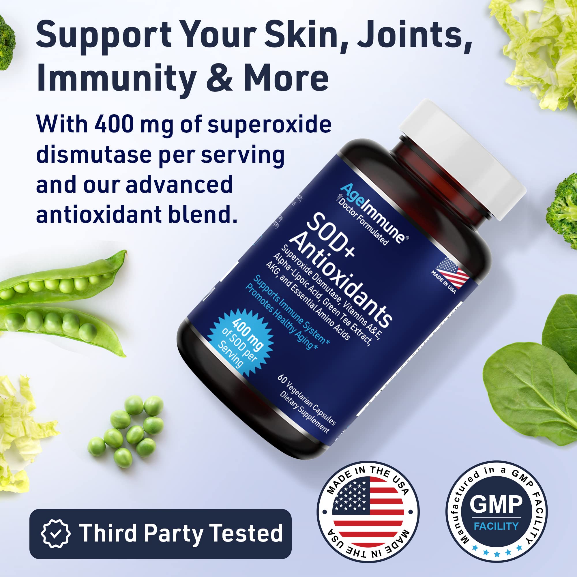 SOD Antioxidants Complex Healthy Aging Supplement - 400mg of Superoxide Dismutase - Alpha Lipoic Acid - L-Arginine -Lysine - AKG - Vitamin A - Vitamin E for Immune Support-60 Capsules AgeImmune buy supplements canada