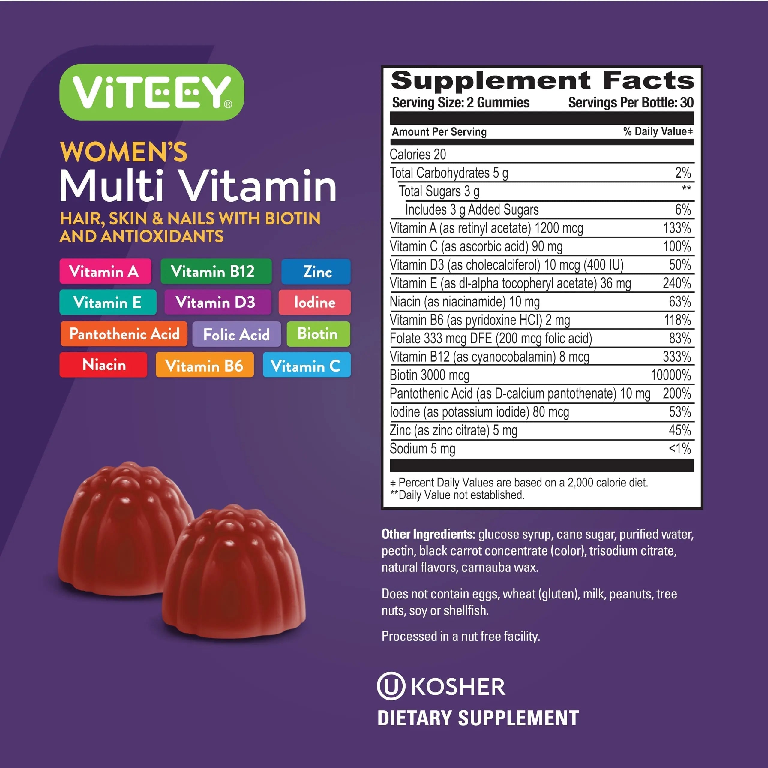 Viteey Womens Multivitamin Gummies - Immune Support - 12 in 1 Essential Vitamins & Minerals - Vitamin A, C, D3, E, B6, B12, Folic Acid, Biotin, Calcium Viteey buy supplements canada