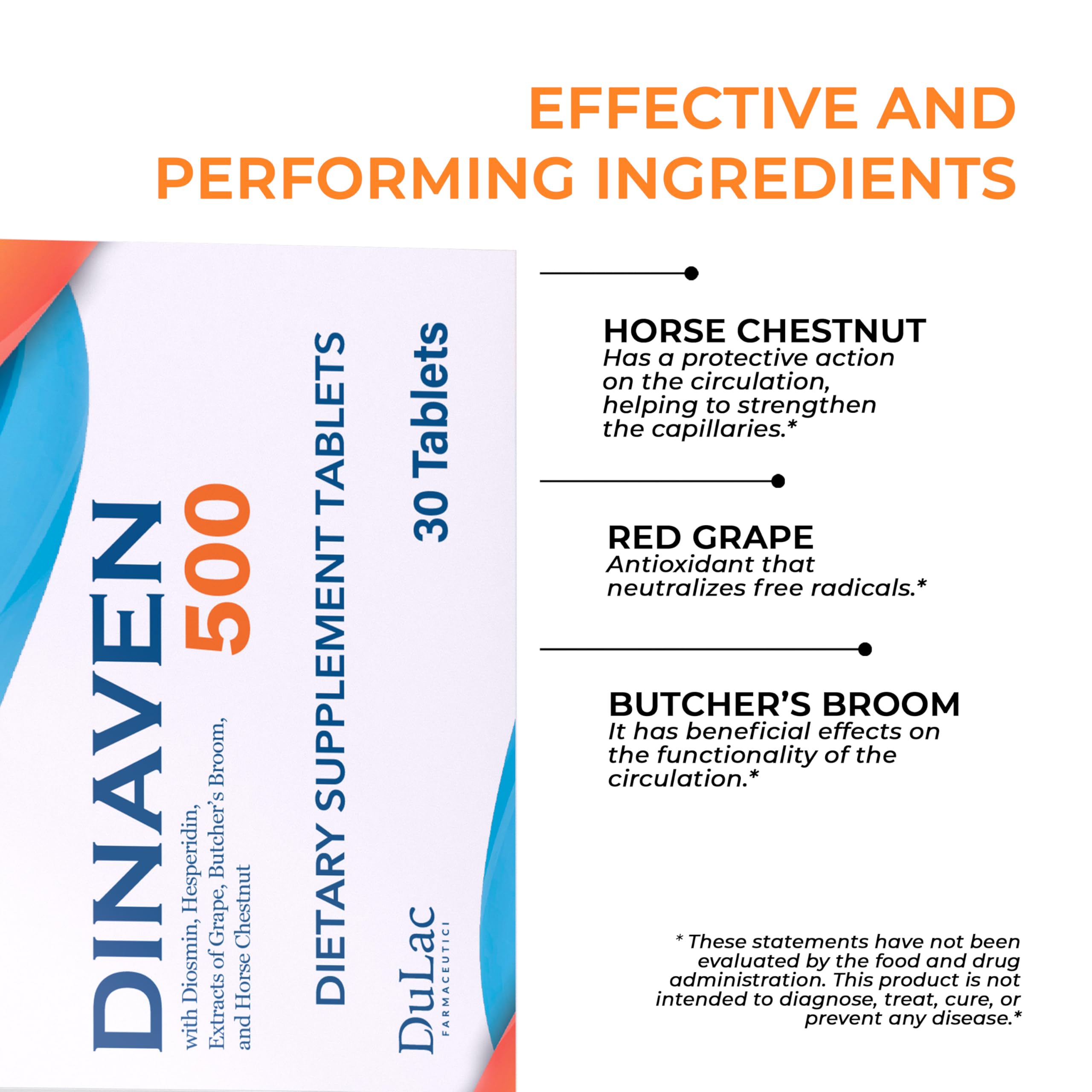 Dulac Dinaven 500, Micronized Diosmin Hesperidin Dietary Supplement 1000mg per serving, Horse Chestnut Extract, Butcher’s Broom & Red Grape Extract, Leg Circulation Support, 30 Tablets, Made in Italy DULÀC FARMACEUTICI 1982 buy supplements canada