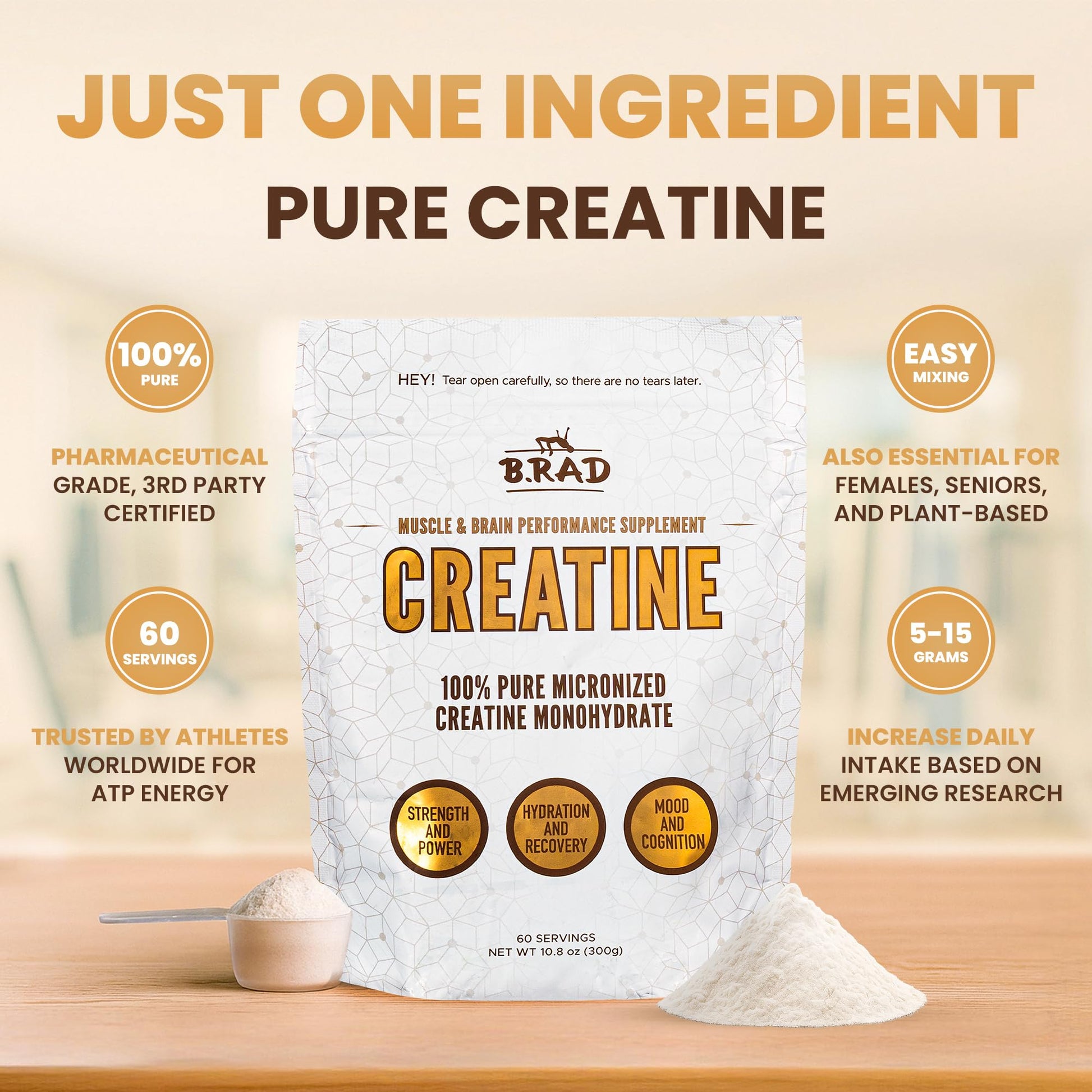 B.rad 100% Pure Micronized Creatine Monohydrate Powder | Natural, No Additives | Boosts Muscle Strength, Recovery & Performance | Supports Brain Health | 300g, 60 Servings B.rad buy supplements canada