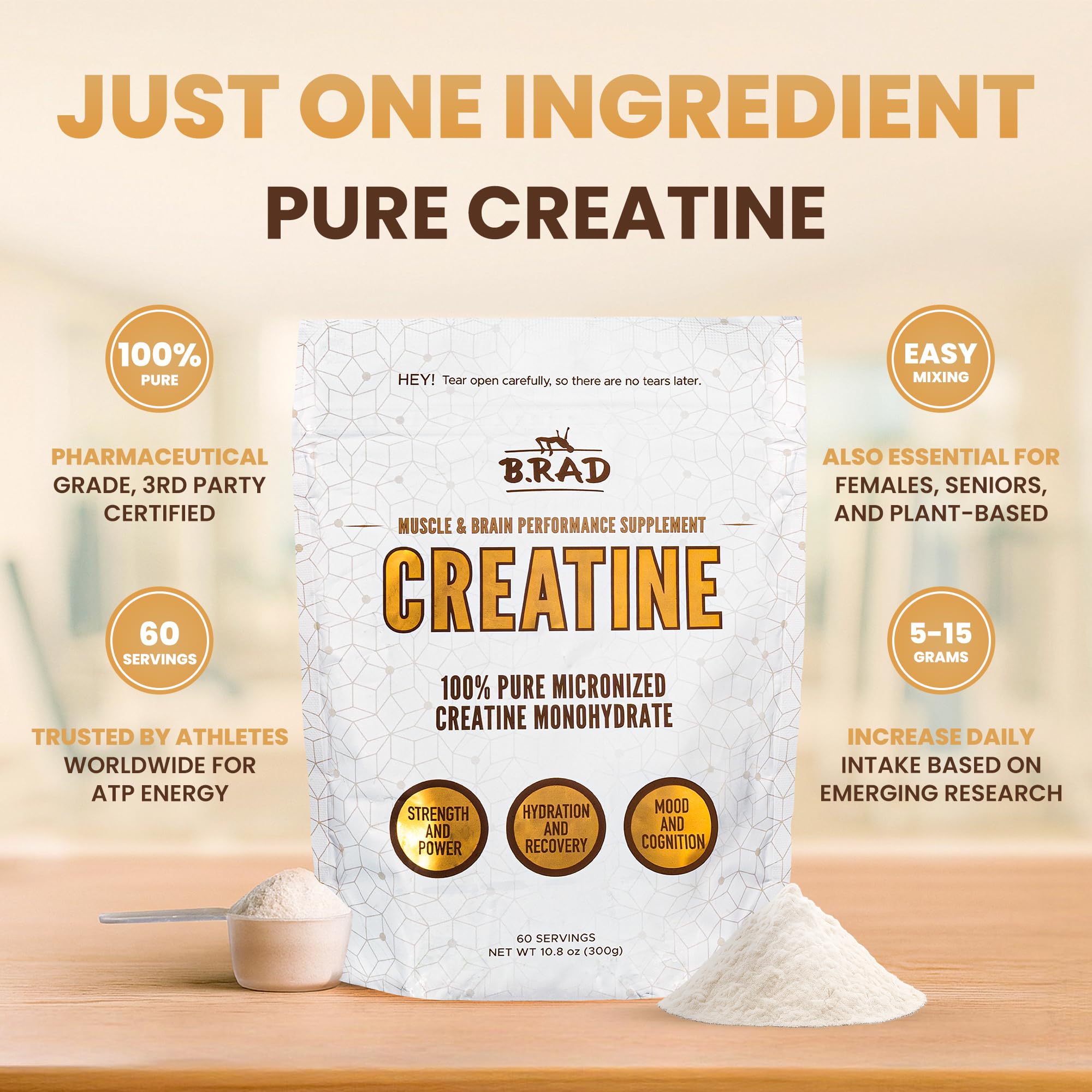 B.rad 100% Pure Micronized Creatine Monohydrate Powder | Natural, No Additives | Boosts Muscle Strength, Recovery & Performance | Supports Brain Health | 300g, 60 Servings B.rad buy supplements canada