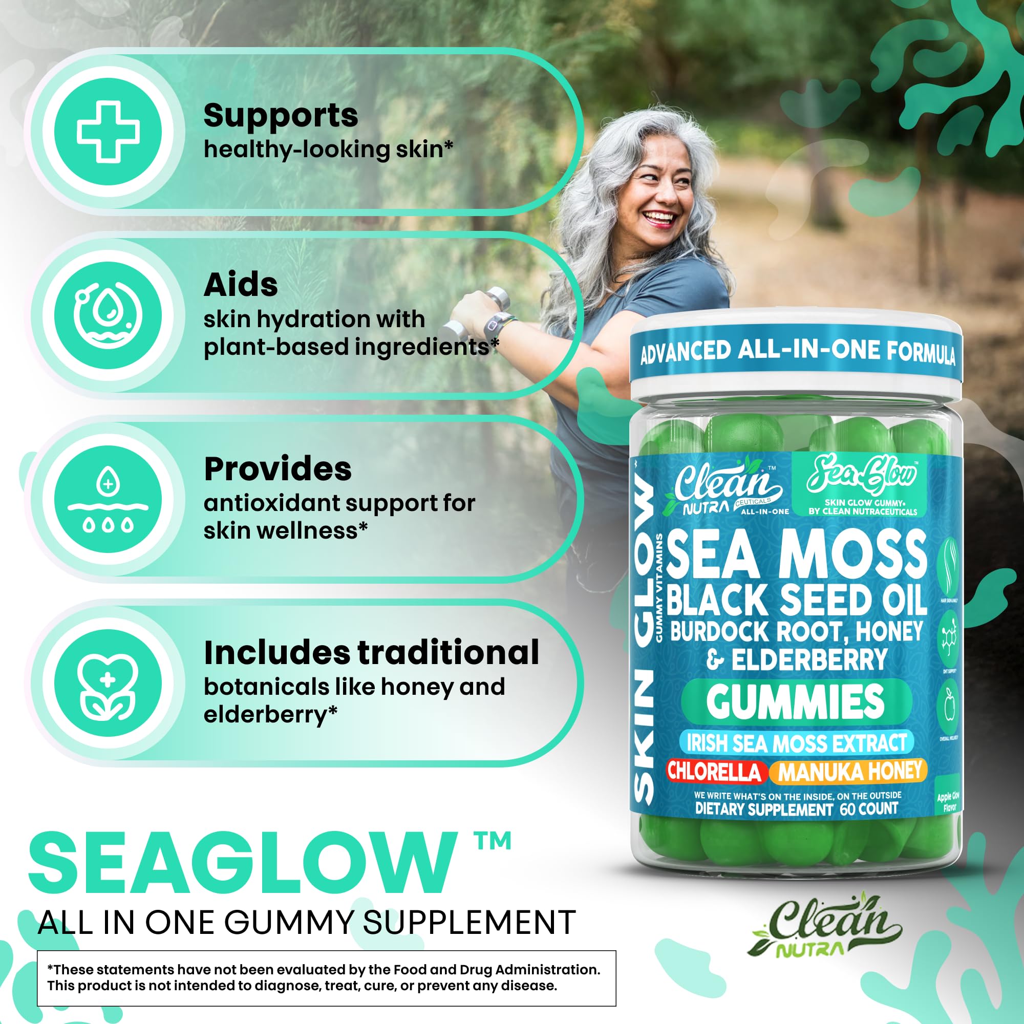 Clean Nutra Sea Moss Gummies Black Seed Oil Chlorella Ashwagandha Root Hair Growth Skin Glow Irish Sea Moss Elderberry Burdock Manuka Honey Trace Minerals Detox 60 Gummy Vitamins Sea Glow Supplement Clean Nutraceuticals buy supplements canada