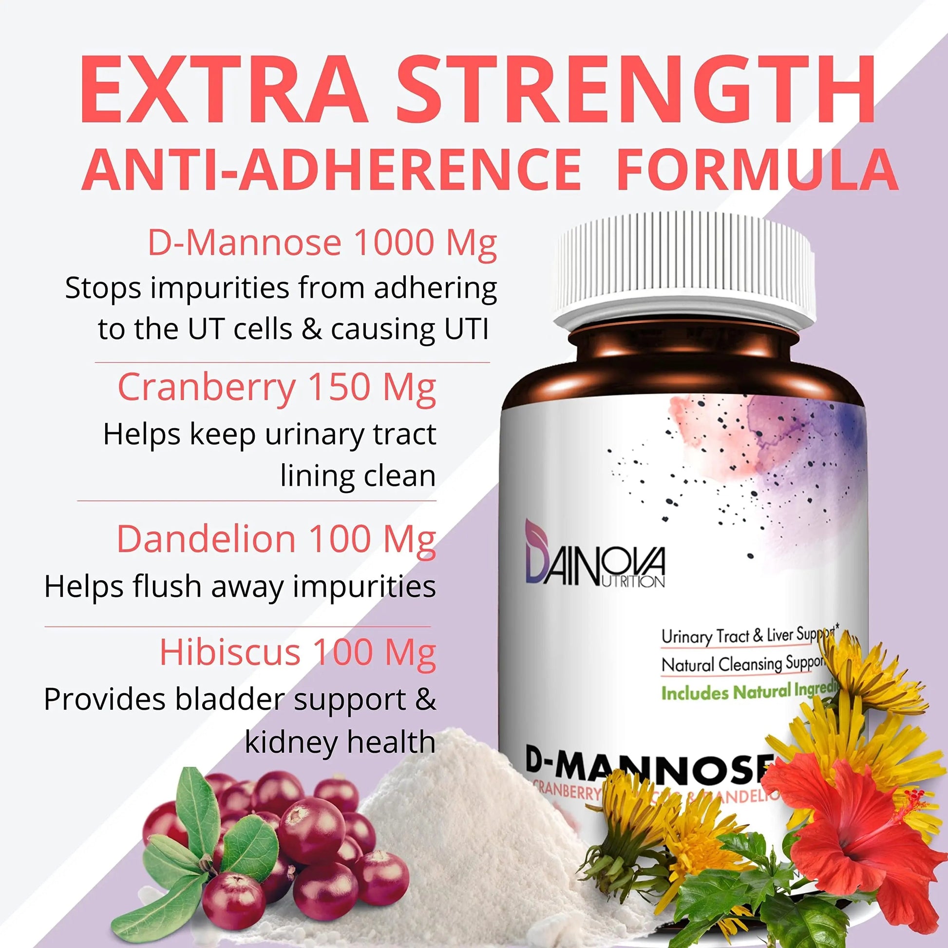Dainova D Mannose 1350mg with Cranberry I D-Mannose Capsules for UTI Prevention, Urinary Tract Support, Urinary Tract Health for Women, & Cleanse. W/Hibiscus & Dandelion, 120 Veggie Capsules Dainova Nutrition buy supplements canada