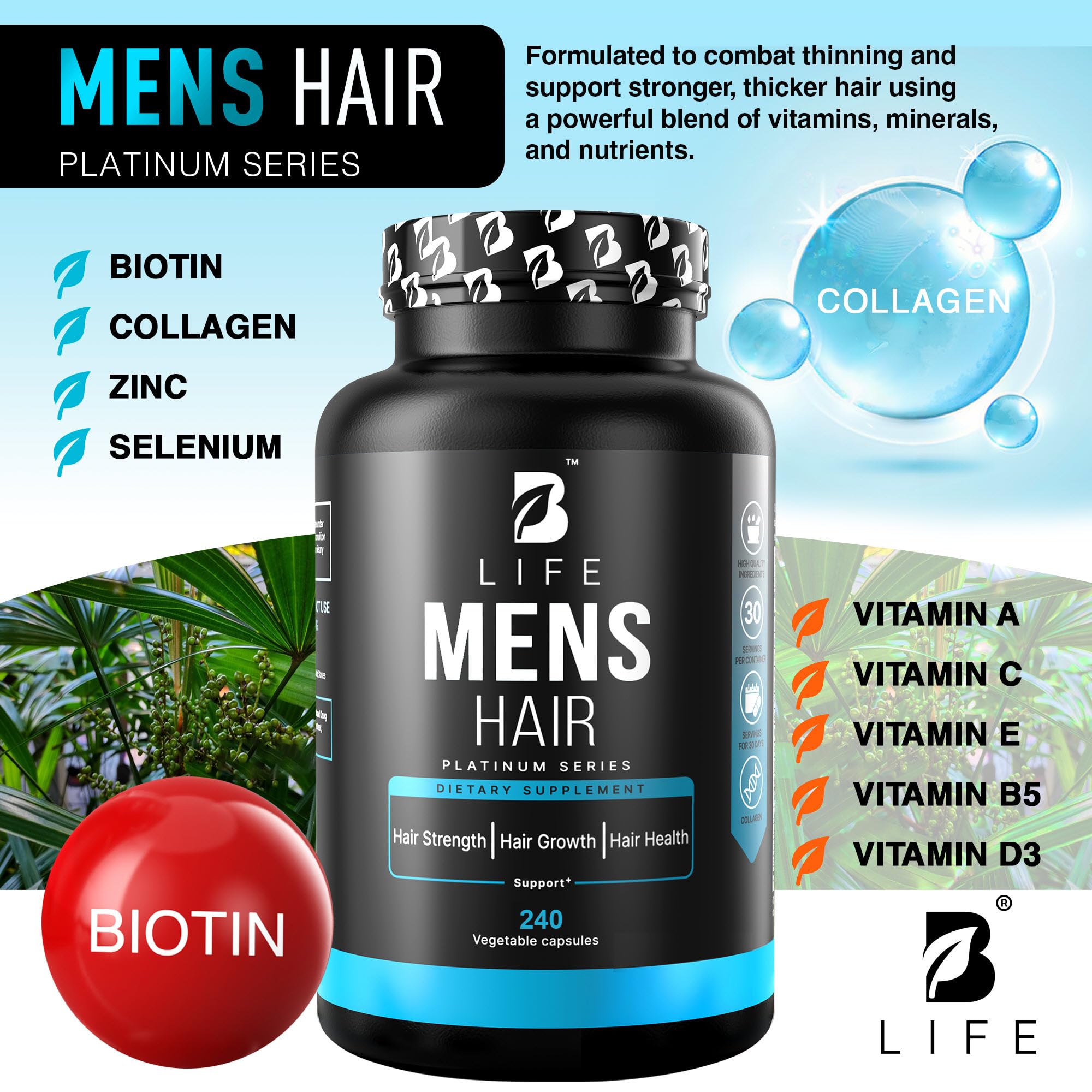 Men’s Hair Growth Supplement – Biotin & Collagen Hair Vitamins for Men – Thicker, Fuller Hair, Nail & Scalp Support – Hair Loss Supplement with Zinc, Selenium & Vitamins A C D E – 240 Capsules B Life Company buy supplements canada