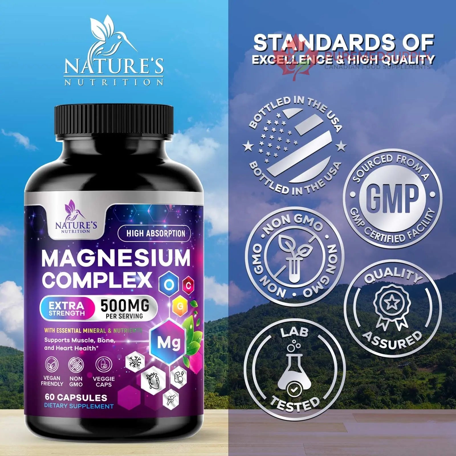 Magnesium Complex Supplement - Magnesium 500 mg Per Serving - 4 in 1 High Absorption Blend - 100% Chelated Magnesium Glycinate with Malate, Citrate & Oxide - Vegan Complex - USA Bottled - 60 Capsules Nature's Nutrition buy supplements canada