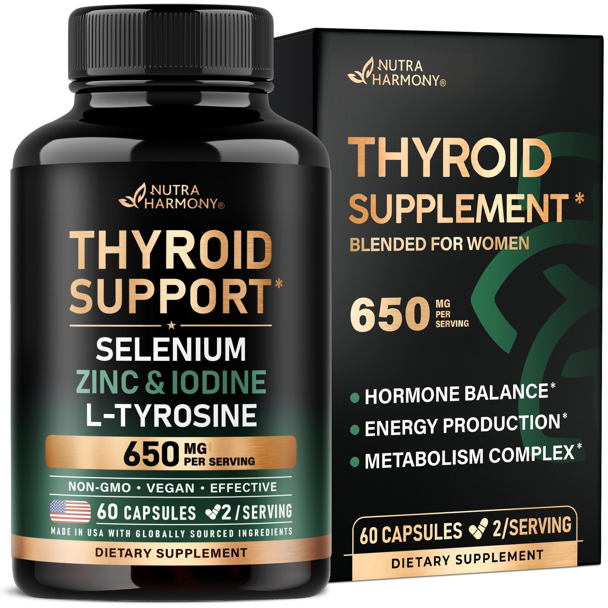 Thyroid Support for Women - Selenium 200 mcg | Astragalus | Zinc & Iodine | L-Tyrosine | Adaptogen Herbs - 21-in-1 Antioxidant & Immune Support - Made in USA - Vegan, Non-GMO, Lab Tested - 60 Capsules NUTRAHARMONY buy supplements canada